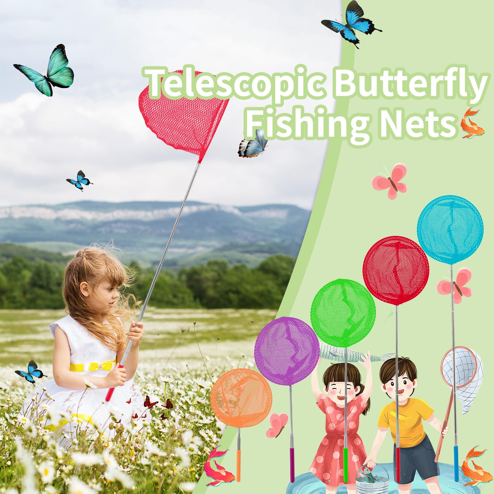 Retino per Bambini, Retino Telescopico per Bambini, Set da 7 Pezzi include 5 Retini per Farfalle e 2 Secchio Pieghevole, Retino da Pesca per Bambini per Catturare Insetti, Pesci, Giardino