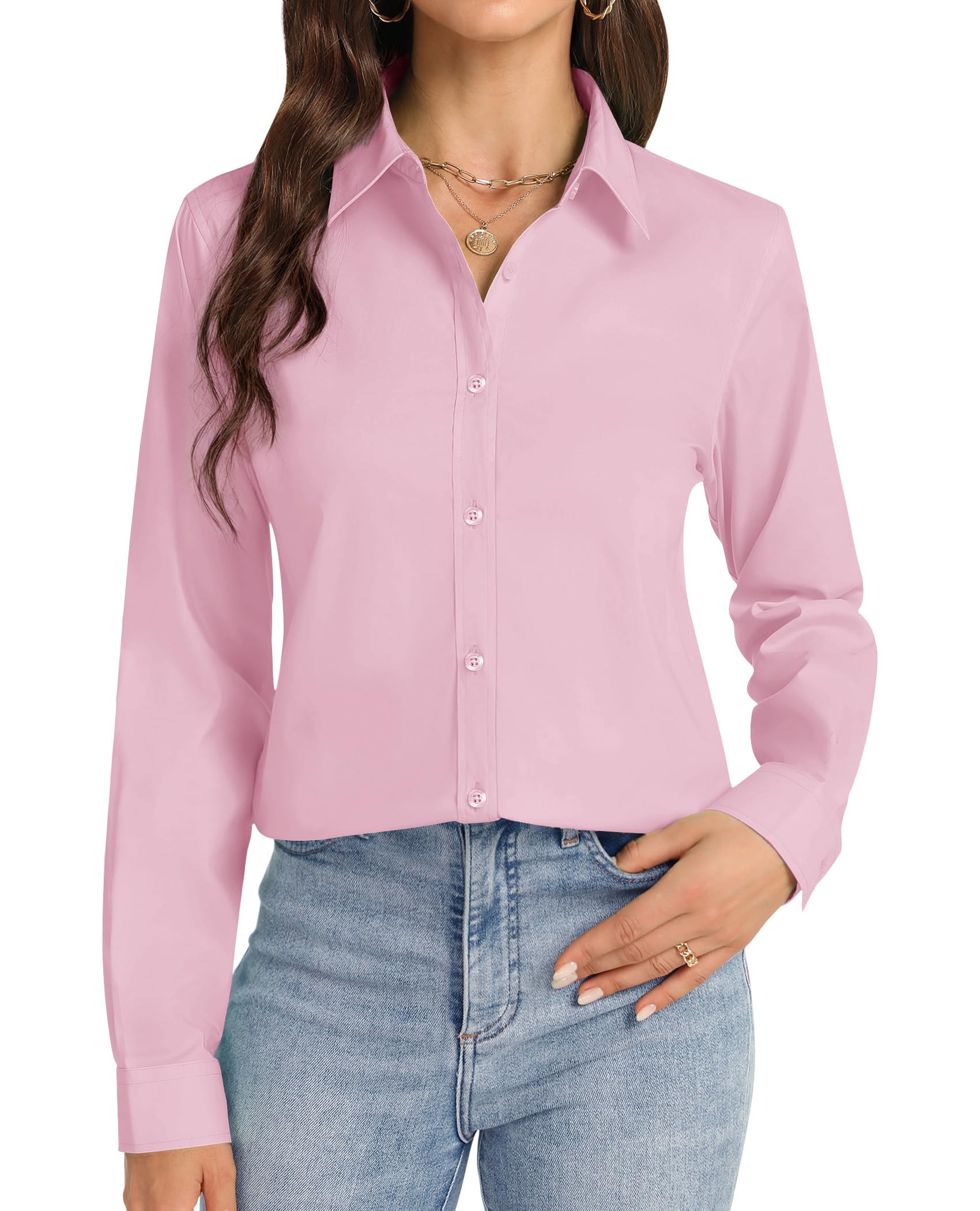 J.VER Womens Button Down Shirt Long Sleeve Dress Shirts Wrinkle Free Stretch Solid Work Blouse, Light Pink, M