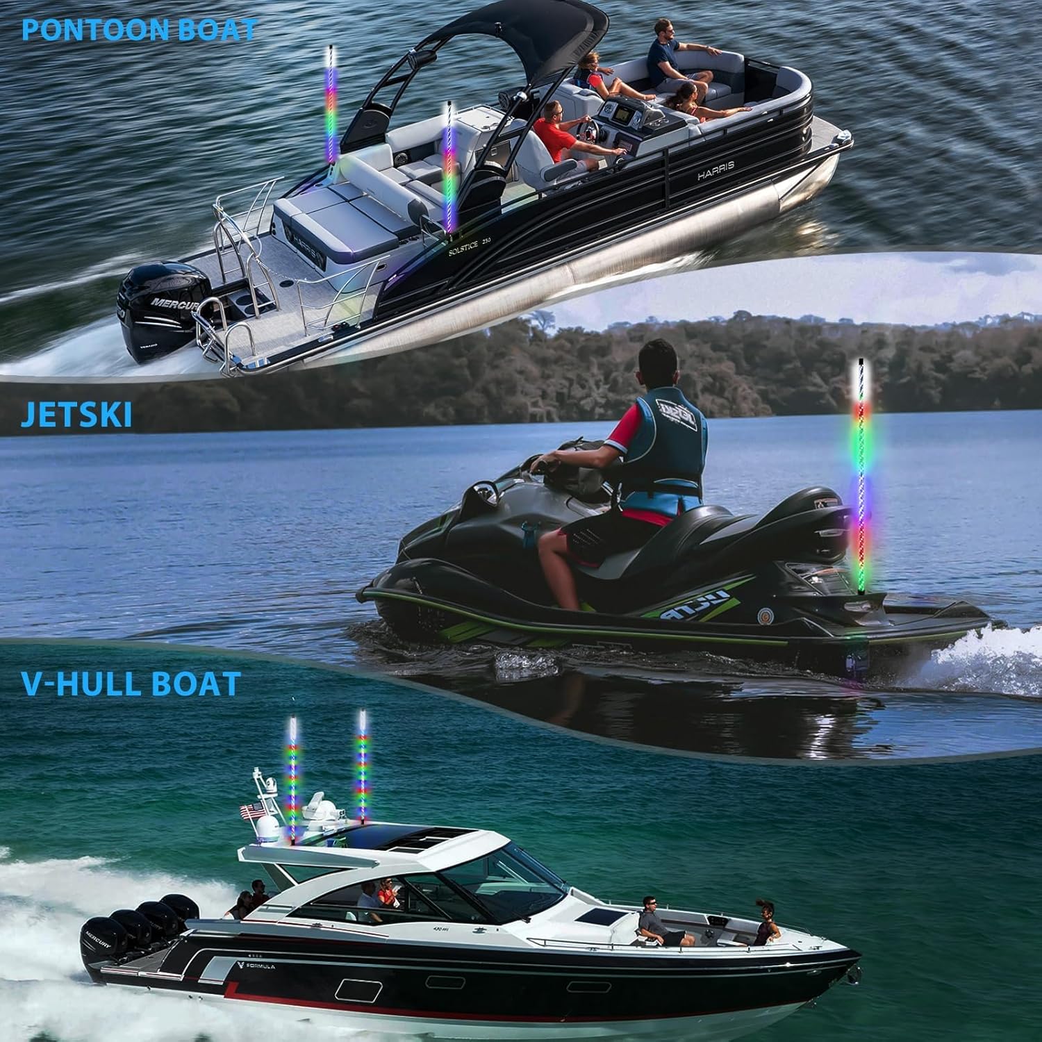 Obcursco 4FT Boat Navigation Stern Lights IP68 Waterproof 360° RGB Marine Lighting, 400+ Dynamic Modes&RF Control LED Spiral Boat Whip for Night Fishing Yacht, Deep V, Pontoon Accessories