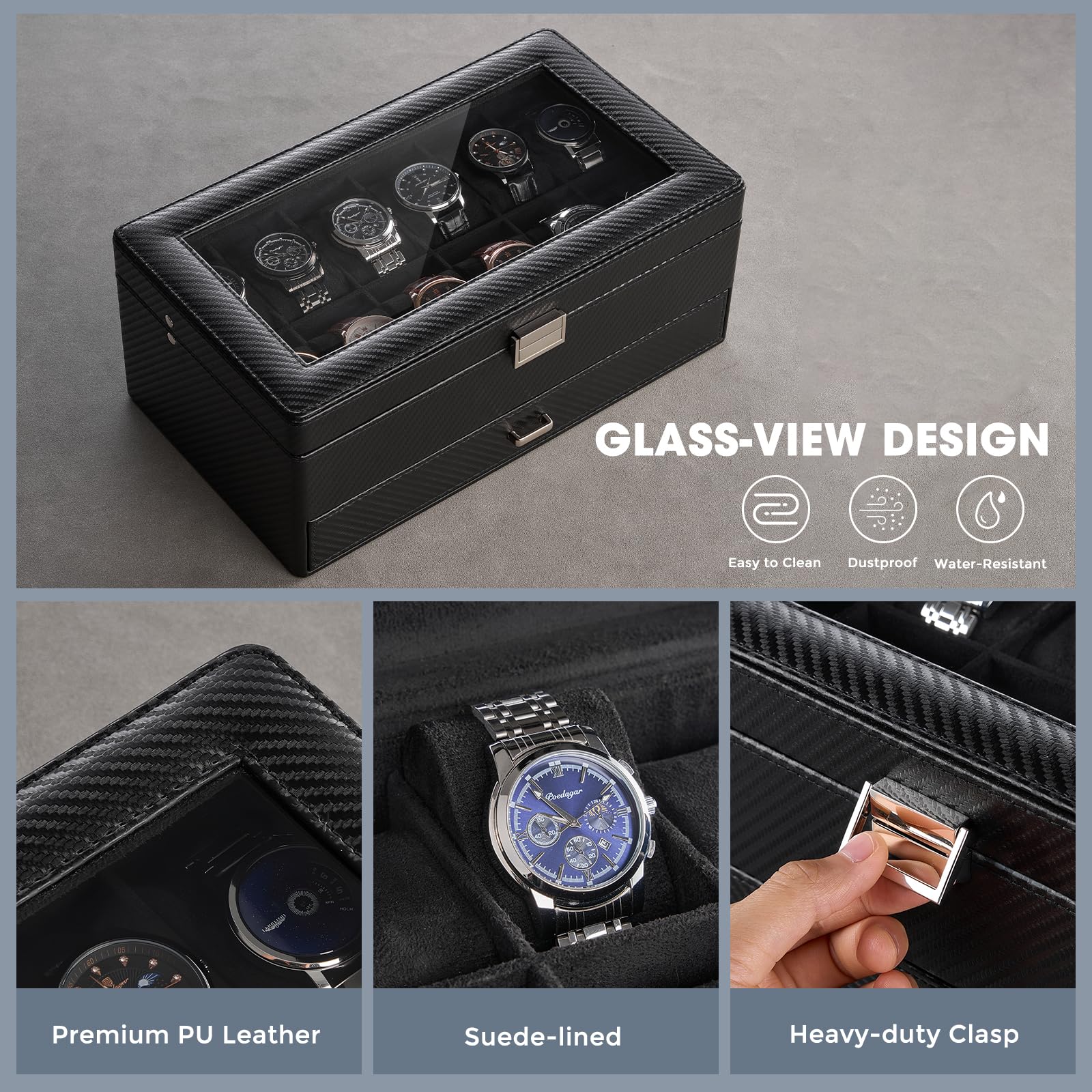ProCase Scatola Orologio e Porta Orologi Uomo in Pelle PU Premium 12 Slot con Cassetto - Organizzatore per Anelli e Occhiali da Vista, Vetrina con Coperchio in Vetro, Tutto Nero