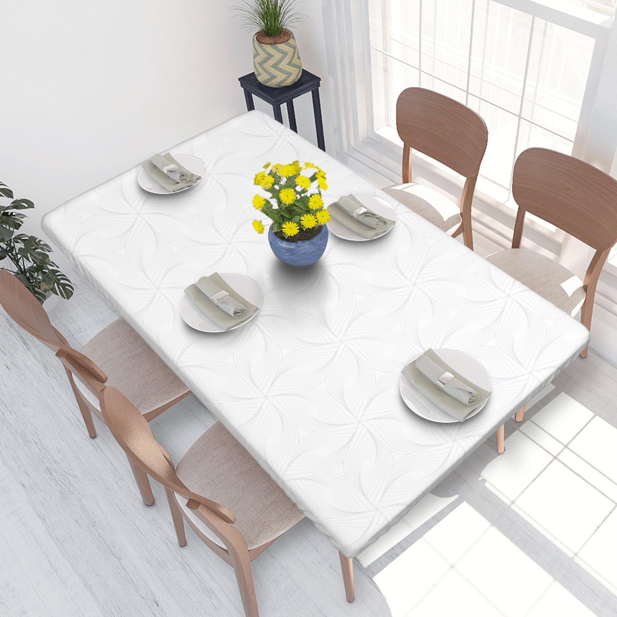 Nappe extensible motif abstrait blanche table rectangulaire 76x122
