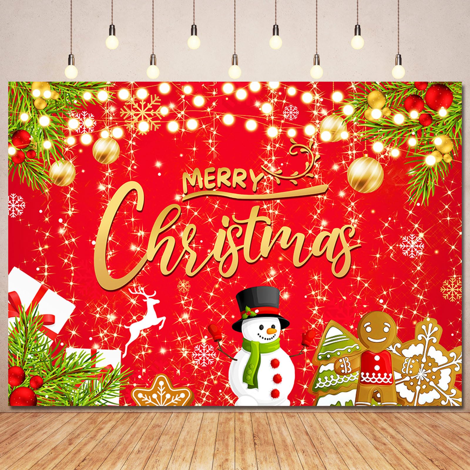 Ayayiya Red Gold Christmas Photo Backdrop Banner Party Decorations,Glitter Gold Merry Christmas Backdrops Banner Xmas Snowman Photography Background