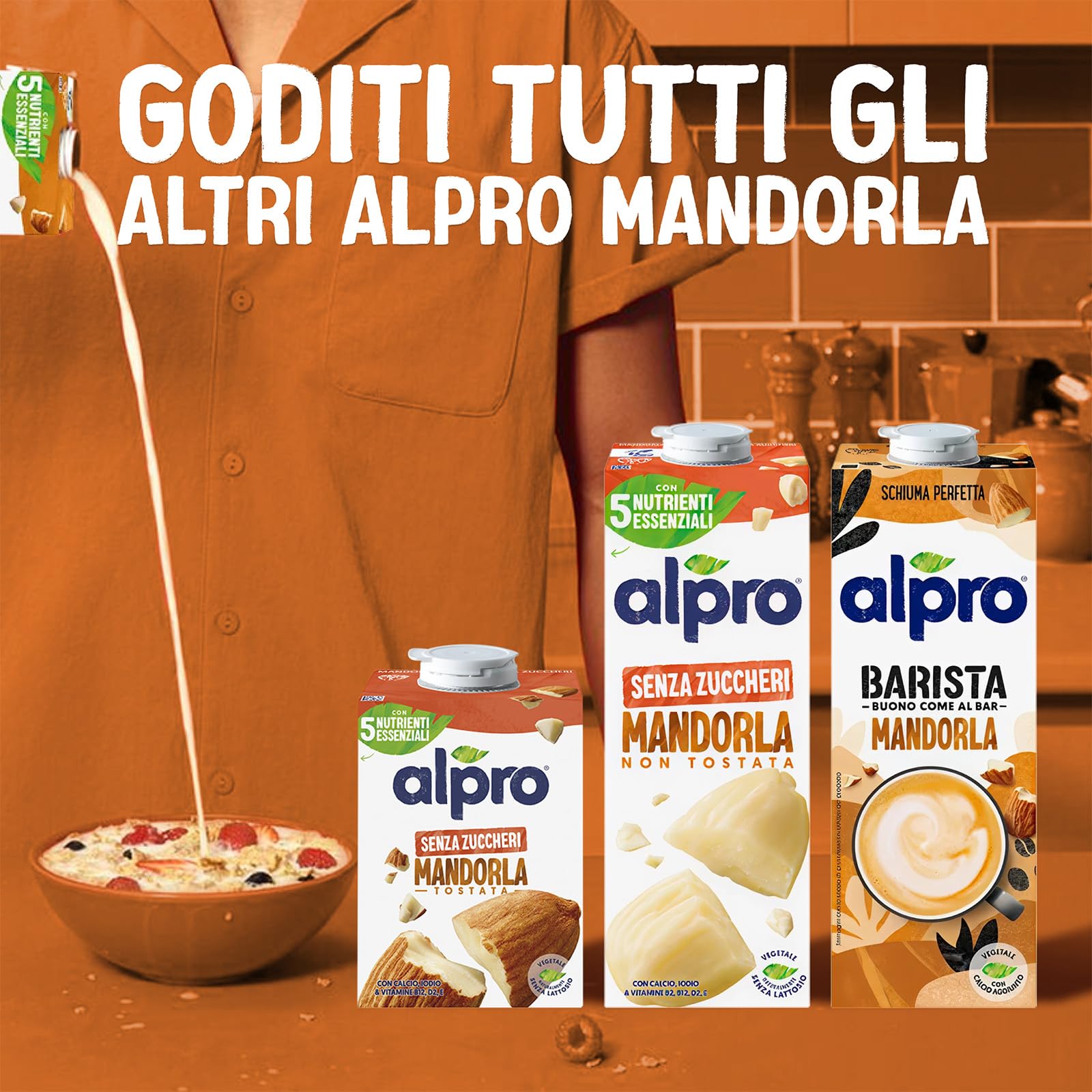 ALPRO CLASSICO, Bevanda alla MANDORLA TRADIZIONALE, Naturalmente Senza Lattosio, con Calcio, Iodio, Vitamine B12, D2, E - 8 Confezioni da 1 Litro
