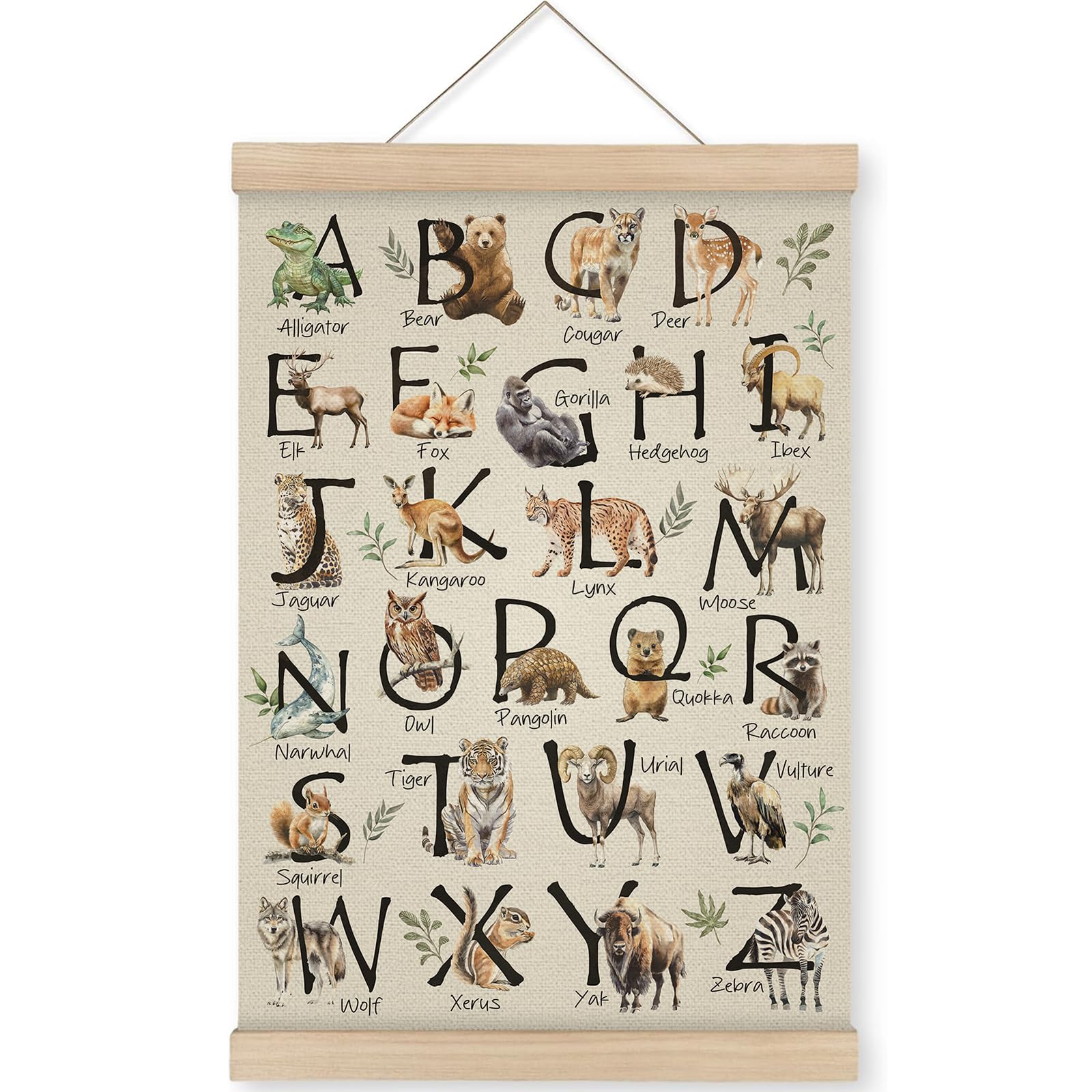 ABC Alphabet Chart Animals Wall Art Hanging poster, Educational Wall Decor Hanging Banner, Toddlers Kids Playroom Wall Art Decor, Wooden Poster Hanger Frame for Nursery Woodland Classroom Decor 12x16