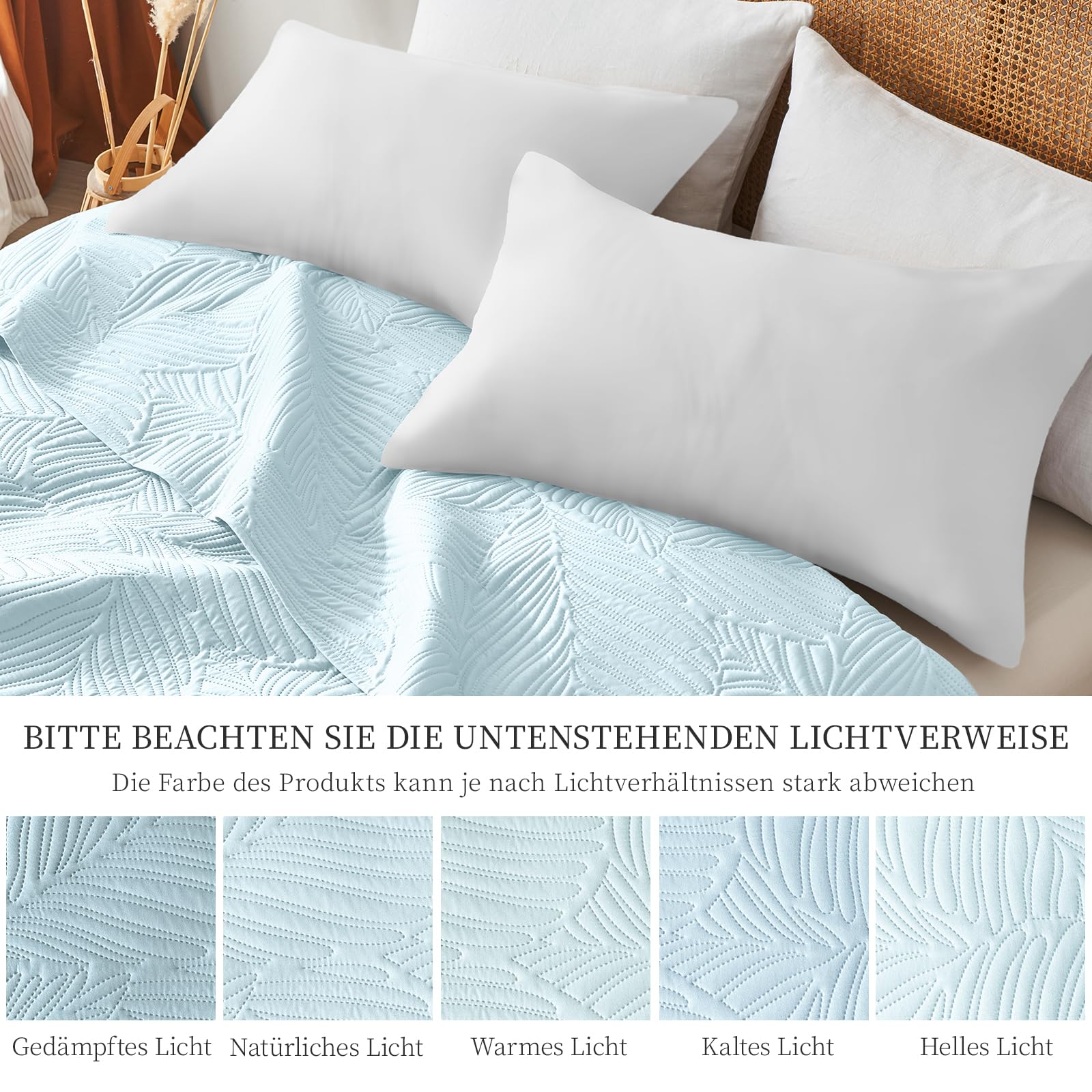 Colcha Boutí 240x260 cm,Colcha Ultrasónica Azul Cielo,Ligera,Suave y Fácil de Limpiar,Doble Cara,Funda de Cama con Motivo de Hojas,Ideal para Todas Las Estaciones,para Cama y Sofá