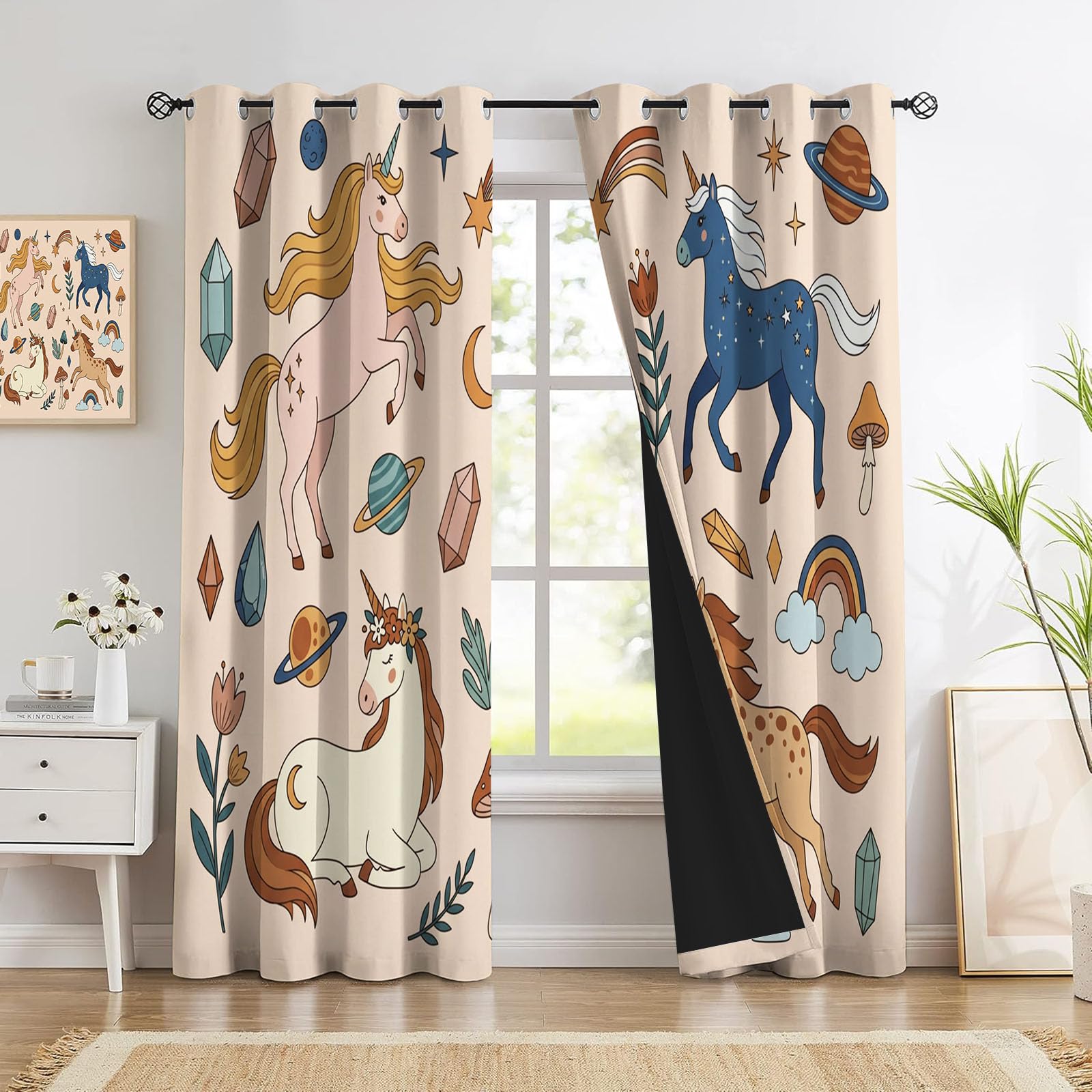Style Dessin Animé Rideau Occultant - Licorne Rideau Thermique, Beige Marron Rideaux Chambre Salon Fenetre, Rideaux Draperies Intérieurs À Oeillets, L70×H160Cm (2 Panneaux)