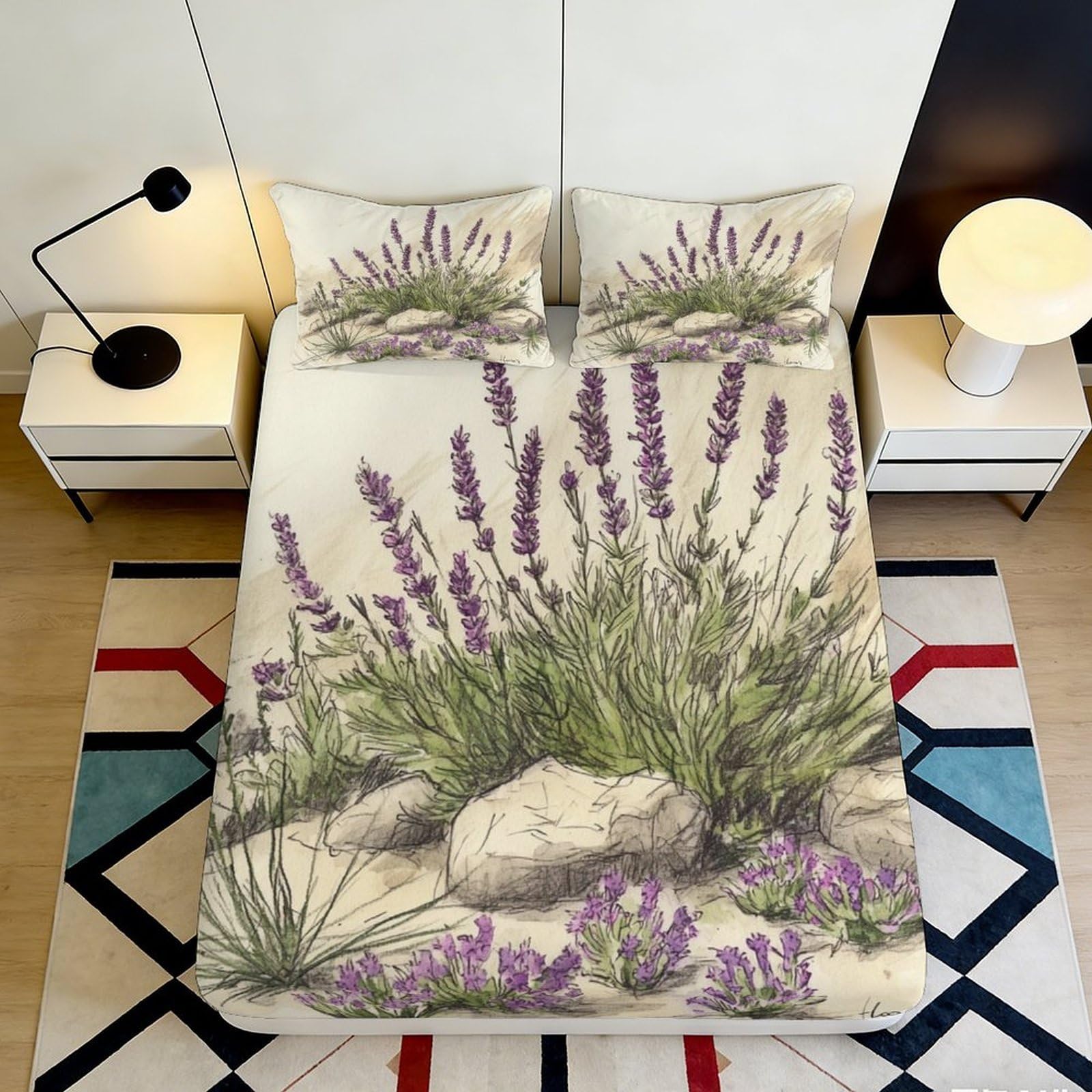 3D Printed Lavender Field Fitted Sheet Microfiber Soft Botanical Rock Garden Mattress Cover for Bedroom Decor 90x200x25cm
