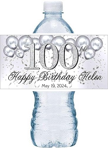 20 ~ SILVER 100th BIRTHDAY PARTY FAVORS PERSONALIZED WATER BOTTLE LABELS - WRAP HALF WAY AROUND