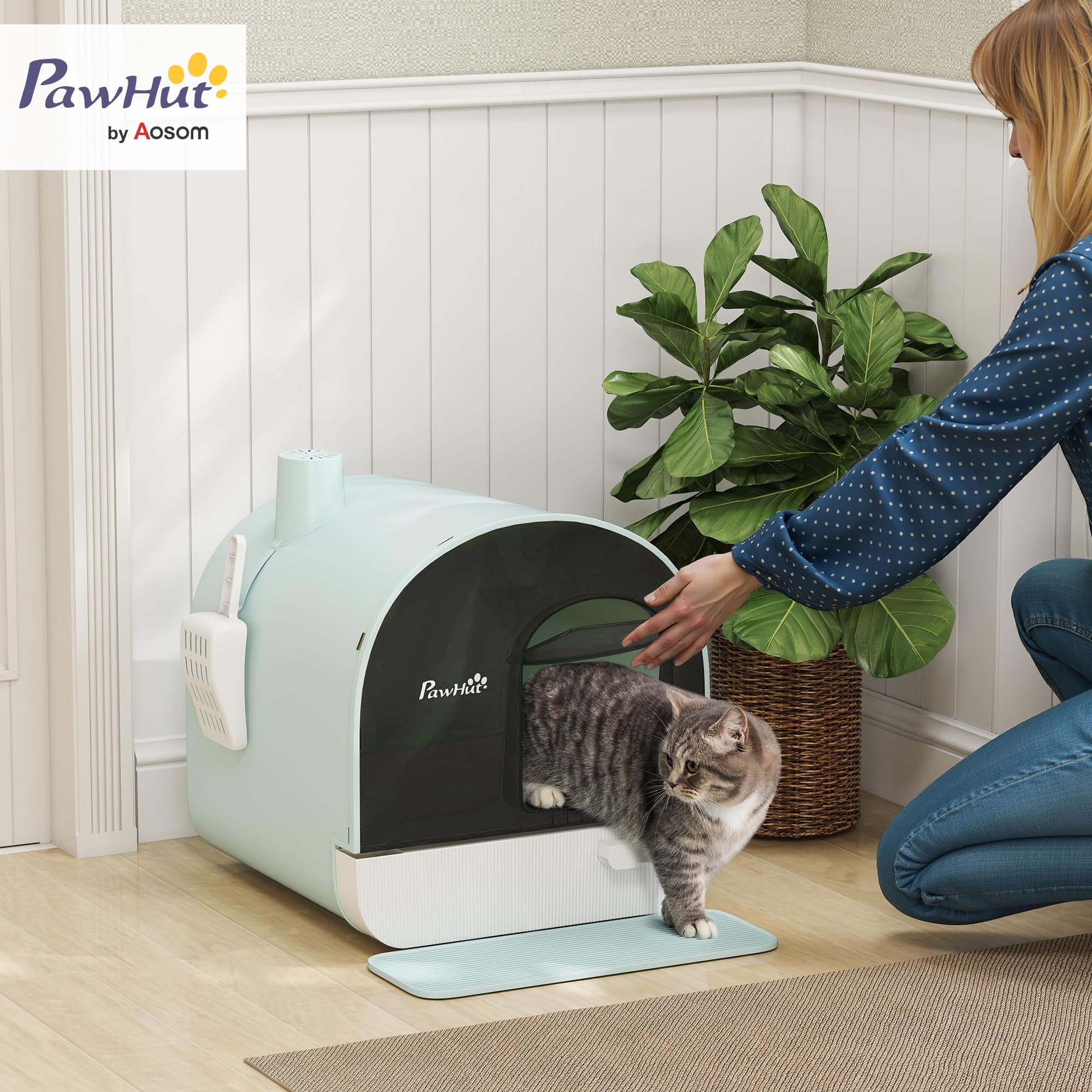 PawHut Lettiera per Gatti Chiusa, Casetta con Vassoio Estraibile, Paletta, Porta e Filtri Antiodore, Toilette per Gatti Antipertita con Tappetino, Verde, Bianco e Nero