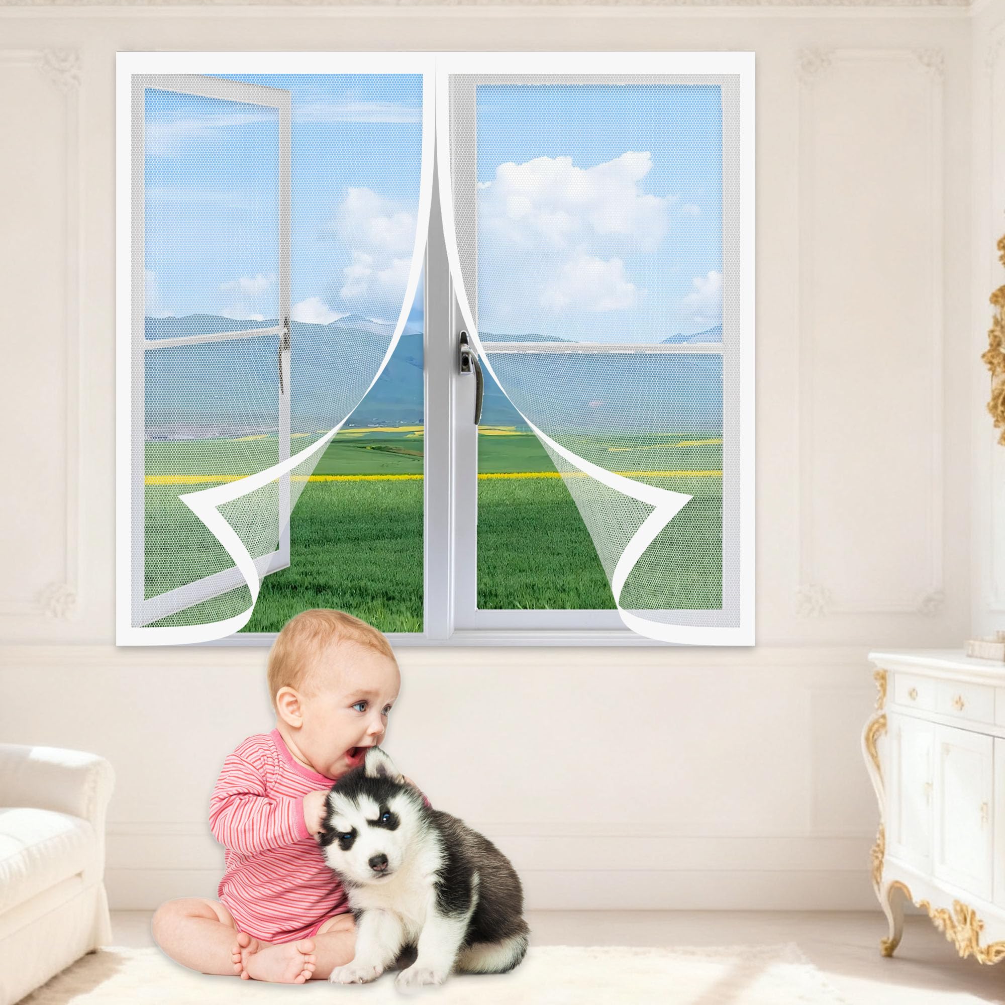 Window Fly Screen 115 x 110 cm Keep Fly Mosquito Out Window Screen Mesh for Bug Easy Installation for Windows Doors and Patio Screens, White