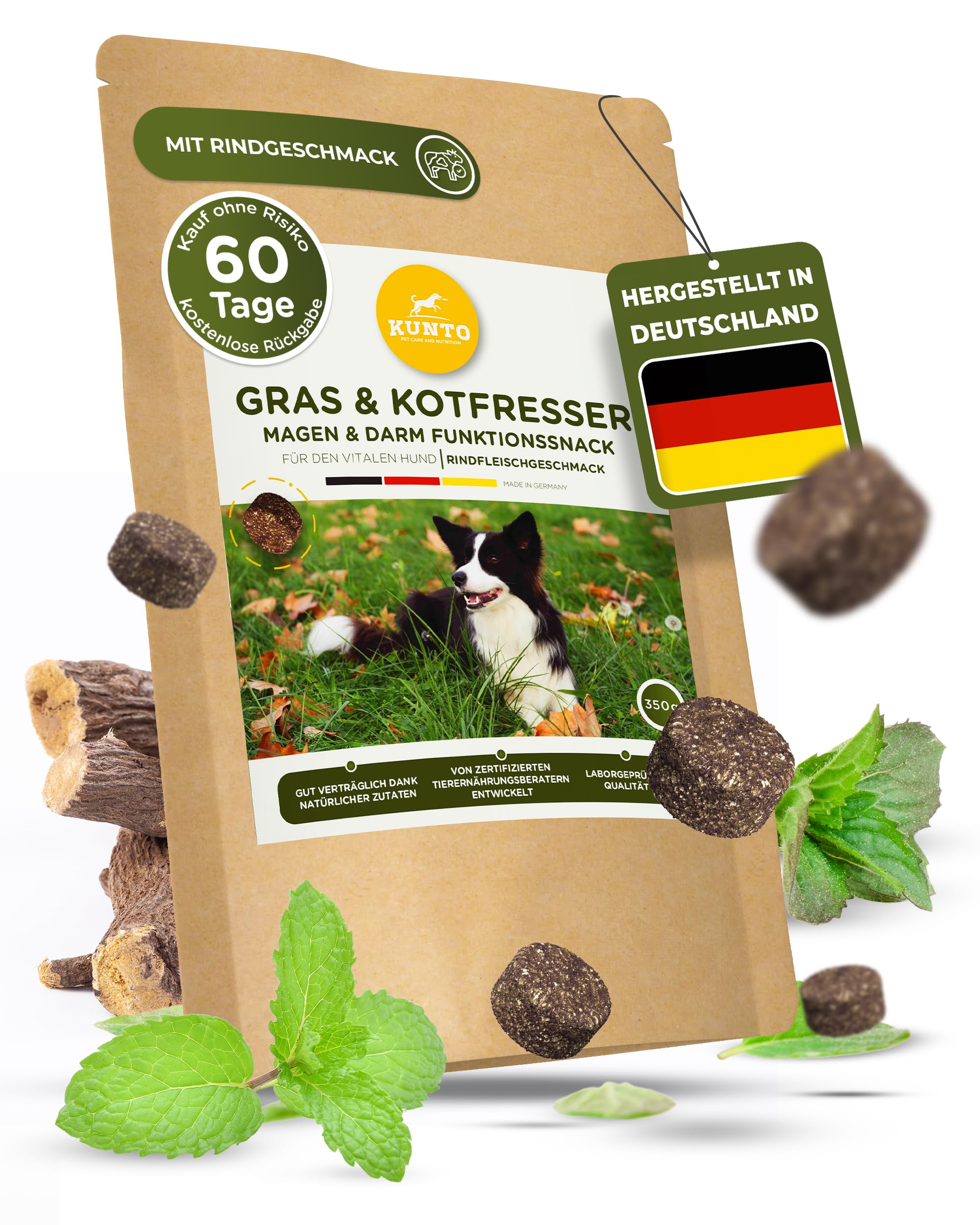 KUNTO® Gras- & Kotfresser Drops für Hunde – Natürliche Unterstützung gegen Gras- und Kotfressen | mit Rindfleischgeschmack | Beruhigt Magen & Darm | Hohe Akzeptanz | Deutsche Herstellung (1x350 g)
