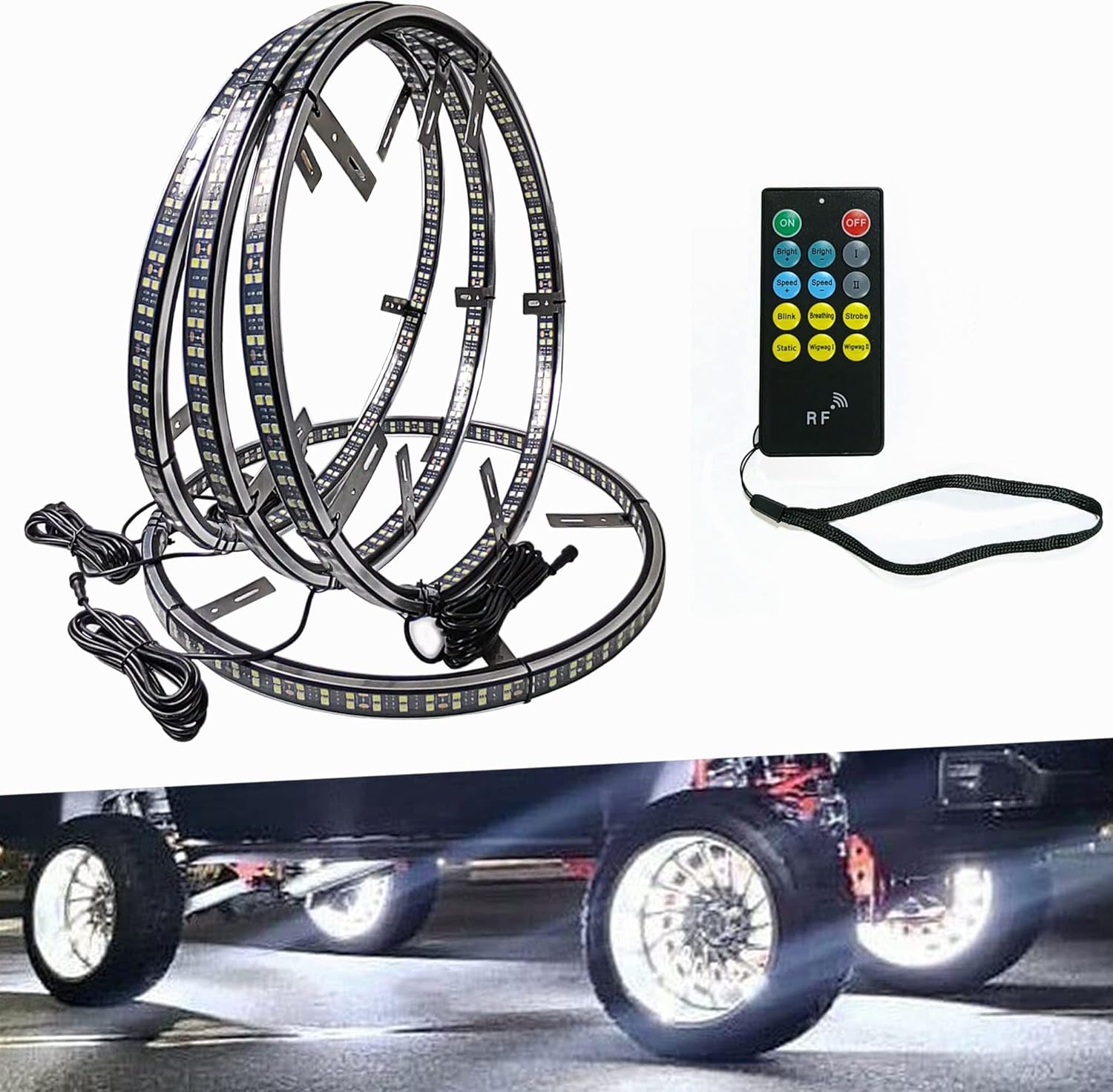NBWDY New Upgrate 17in Double Side Double Row White Wheel Ring Lights Waterproof Pure White Rim Lights Wheel Well Lights Tire Lights APP RF Remote Control for Truck Car SUV(1248LEDs) : Automotive