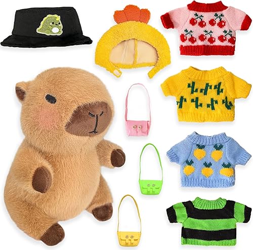 Capybara - Peluche con 9 piezas de ropa y accesorios, 10.2 pulgadas, lindos juguetes de peluche de Capybara para niñas y niños (marrón)