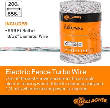 Gallagher Electric Fence Turbo Polywire | 9 Mixed Metal Strands for 40x More Conductivity and Extreme Power | Ideal for Long Portable Fences | UV, Rust Resistant | 3/32 Diameter Polywire | 656 Foot