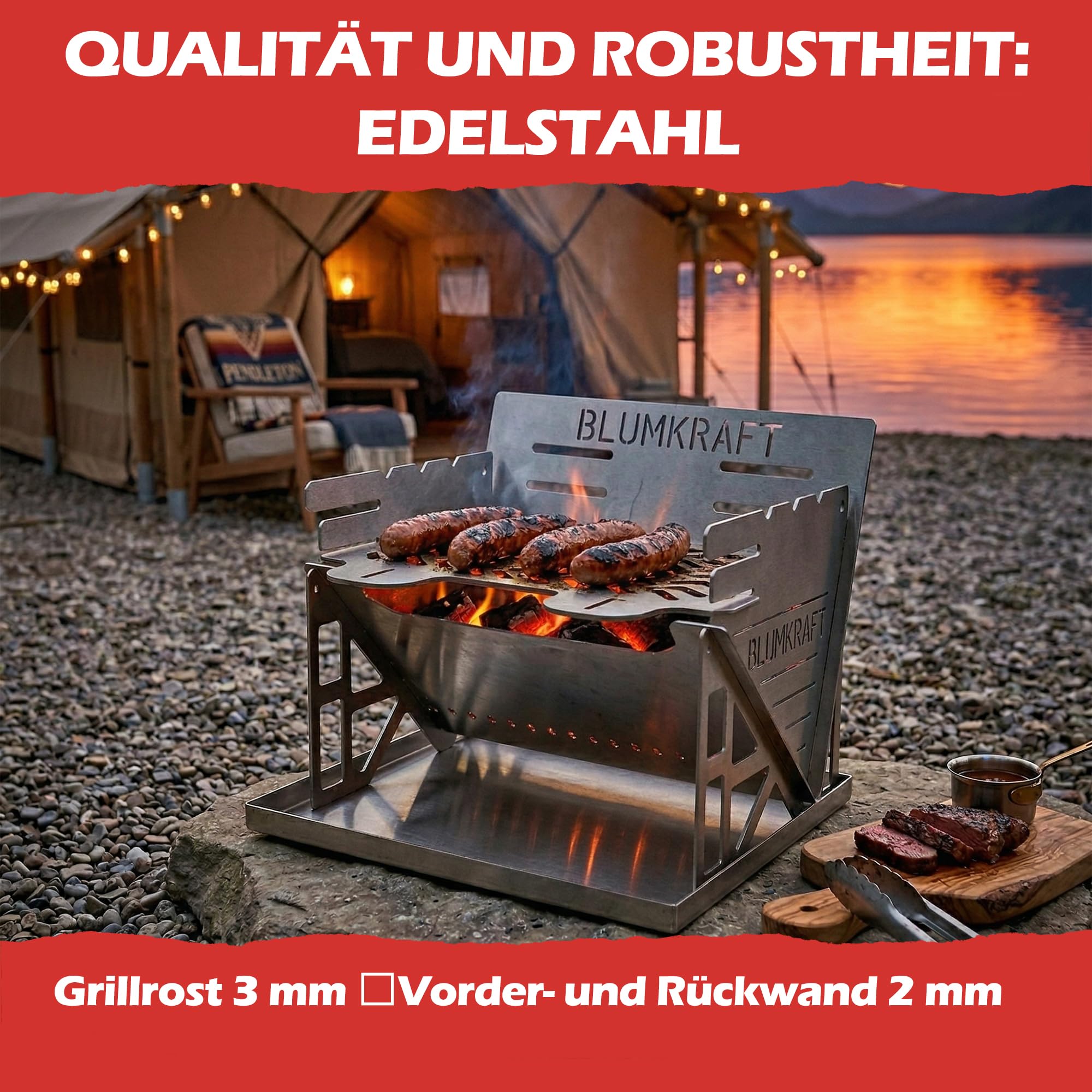 Faltbarer tragbarer Grill aus Edelstahl - ultrakompakter Holzkohlegrill - abnehmbar, Camping, Wandern, Van Life - kleiner Edelstahlgrill für 1 oder 2 Personen