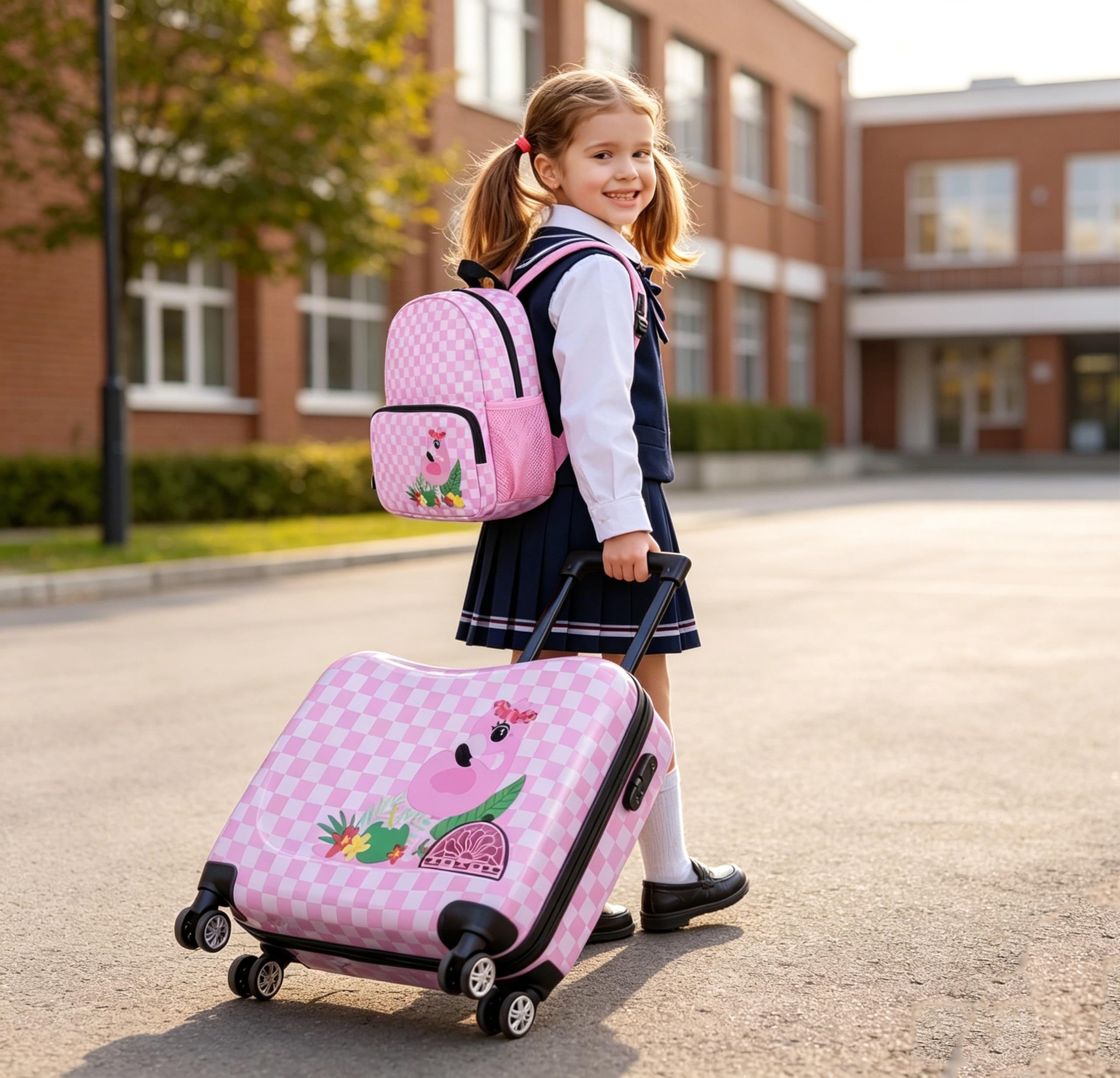 SOARS Set di Valigia Cavalcabile 18’’ + Zaino 12’’ per Bambini 2 Pezzi, Bagagli 2-in-1 di con Maniglia Telescopica e 4 Ruote, Trolley Bagaglio a Mano e Zaino per Bambini (Rosa Fenicottero)
