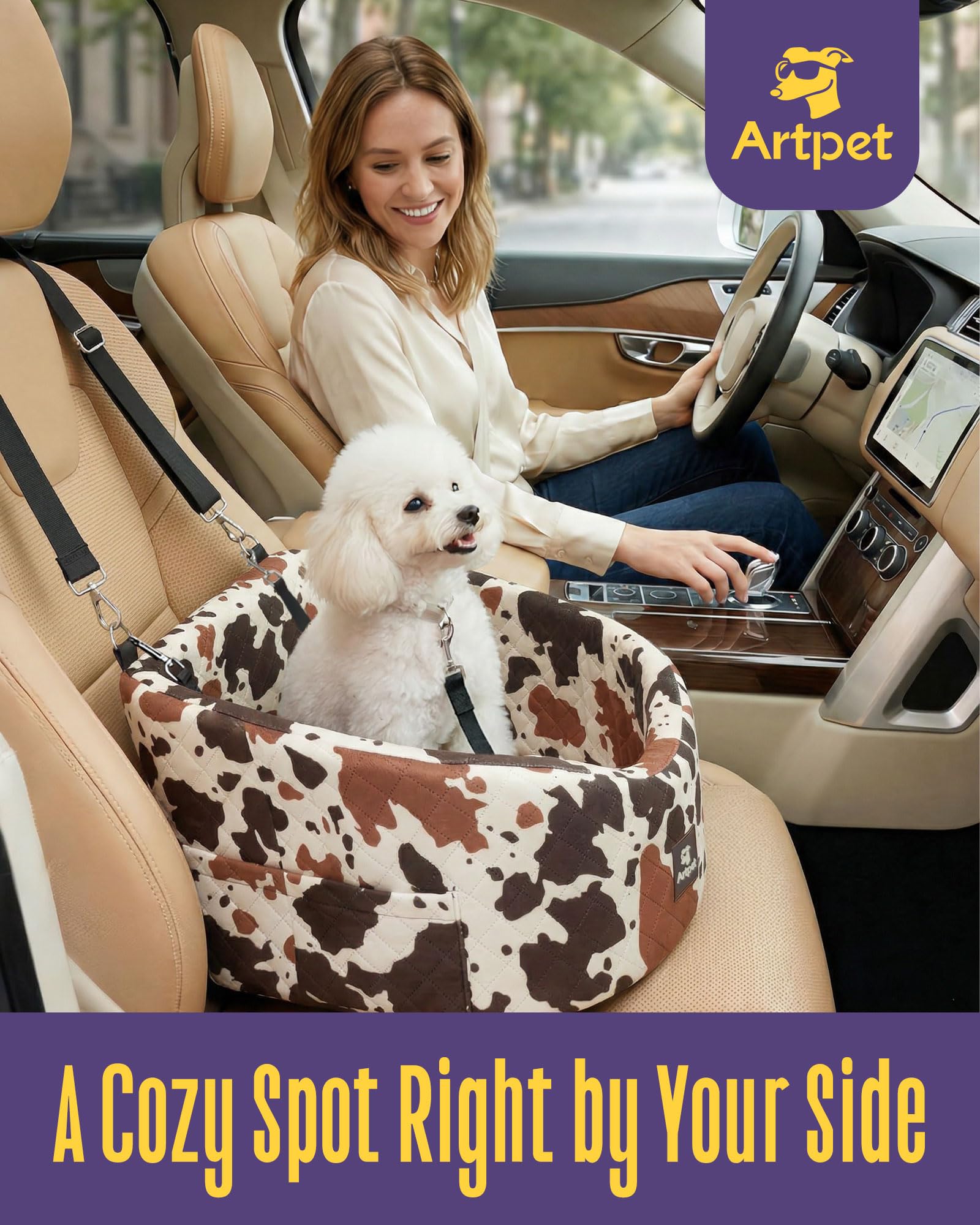 Asiento de Seguridad para Perros Pequeños y Medianos - Confortable, Antideslizante, con Fijación al Cinturón de Seguridad, Colores: Marrón con Patrón Lechoso