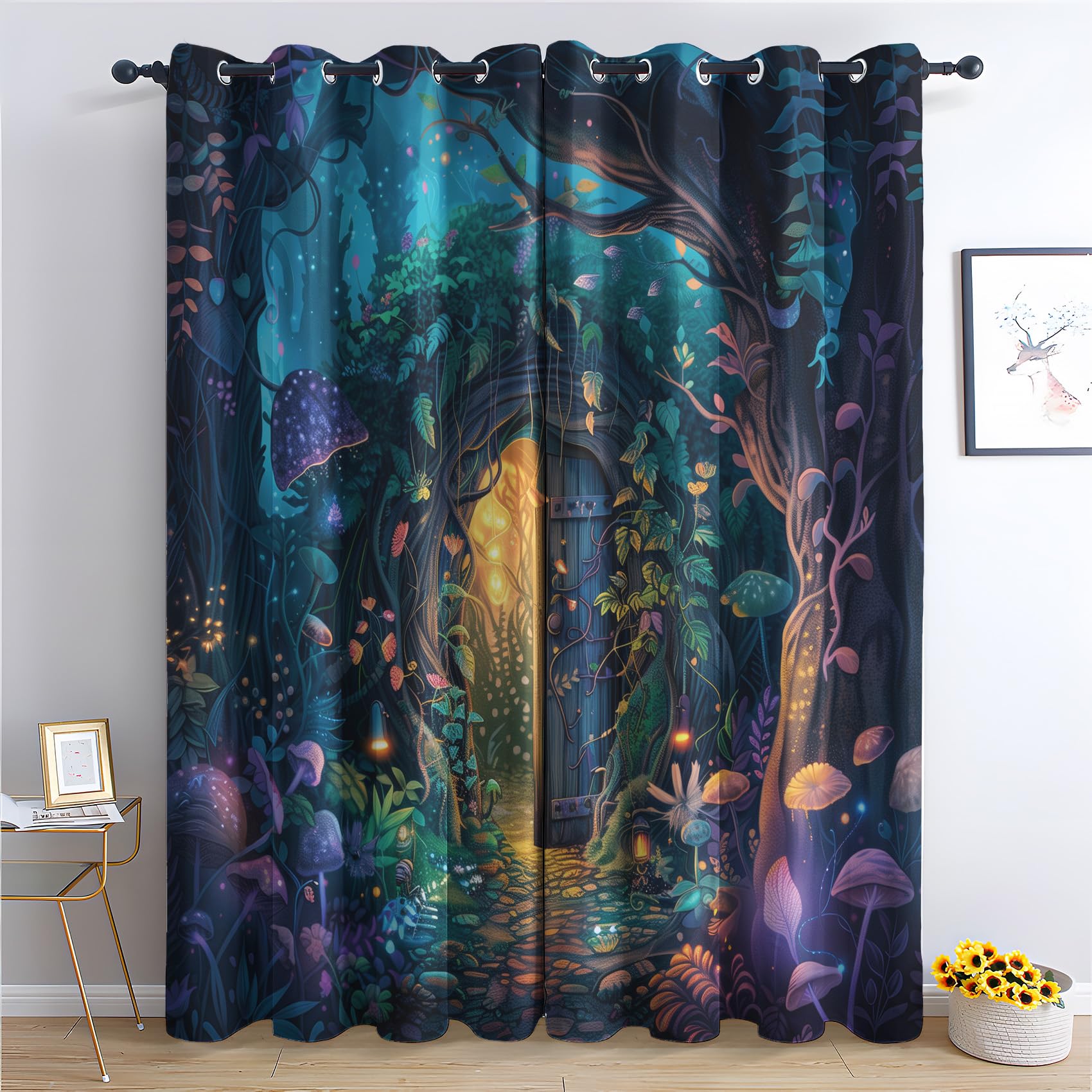 Zcwl Multicoloured Magical Forest Curtains For Bedroom Living Room, Fantasy Woodland Patterned Blackout Curtains, Thermal Insulated Eyelet Curtain, 90 Drop Window Treatments Drapes, 66X90 Inch (W X L), 2 Panels