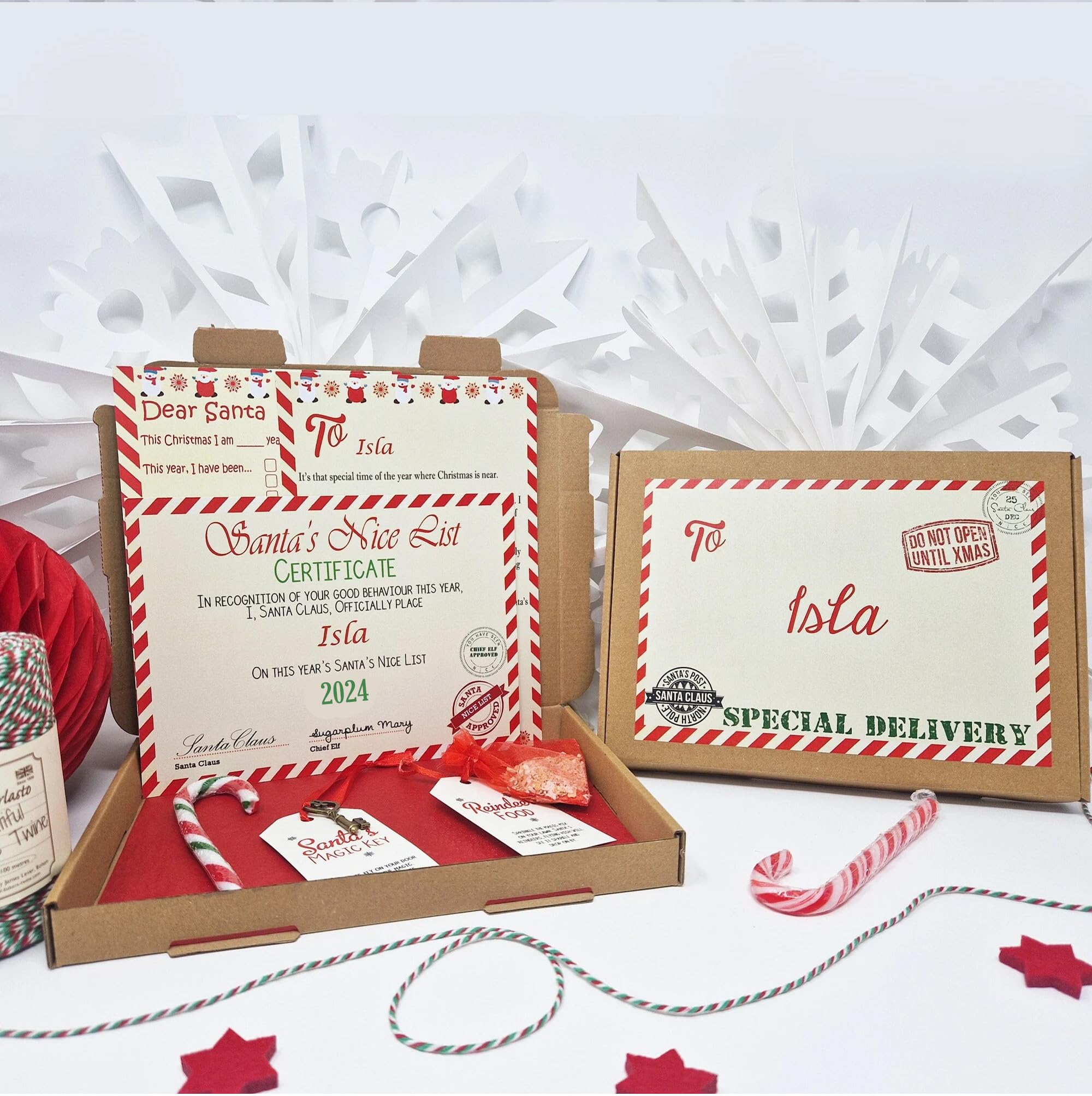 Treasured Forever D1 Red Stripe (Name Only) Christmas Eve Box Personalised A5 Size Santa Letter Magic Key & Reindeer Food (D1 Red Stripe (Name Only))