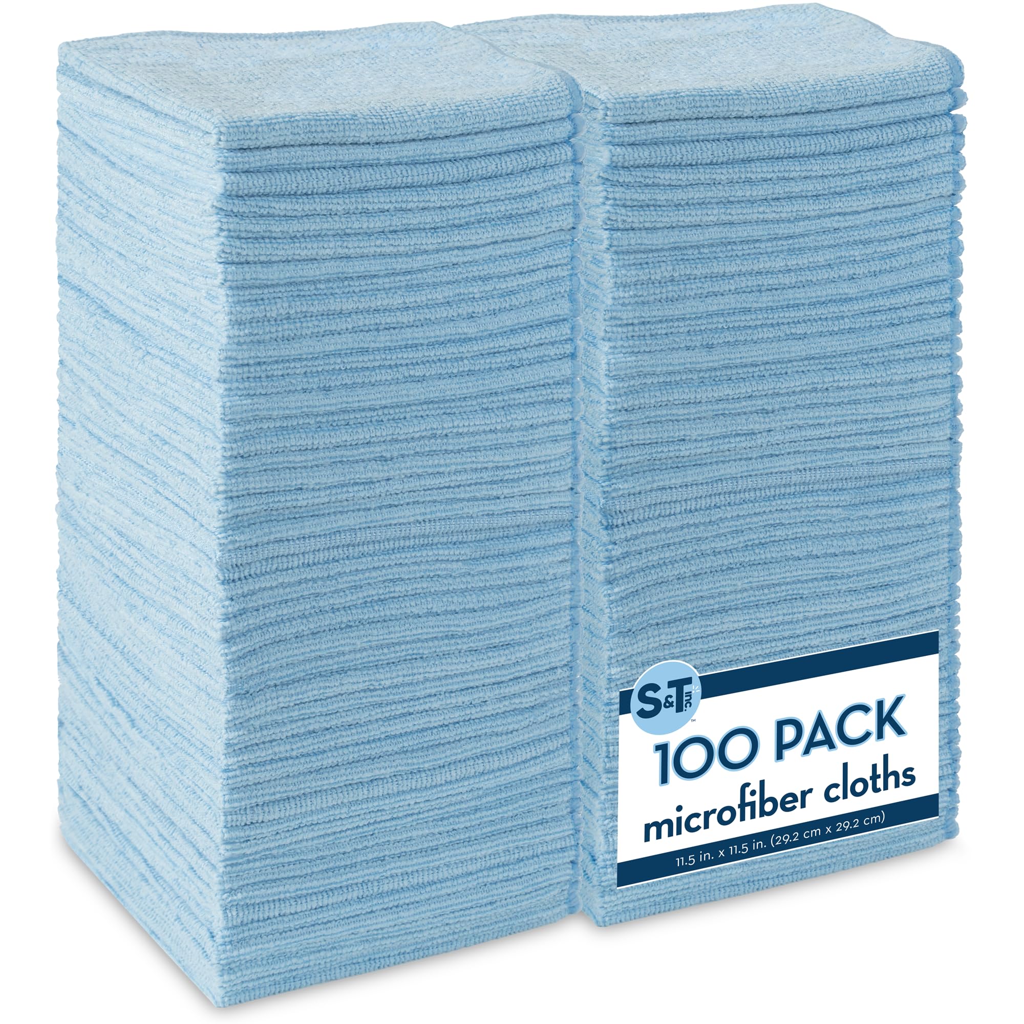 S&T INC. 100 Pack Microfiber Cleaning Cloth, Bulk Towels for Home, Reusable Microfiber Towels for Cars, Cleaning Rags, Light Blue, 11.5 Inches x 11.5 Inches, 100 Count