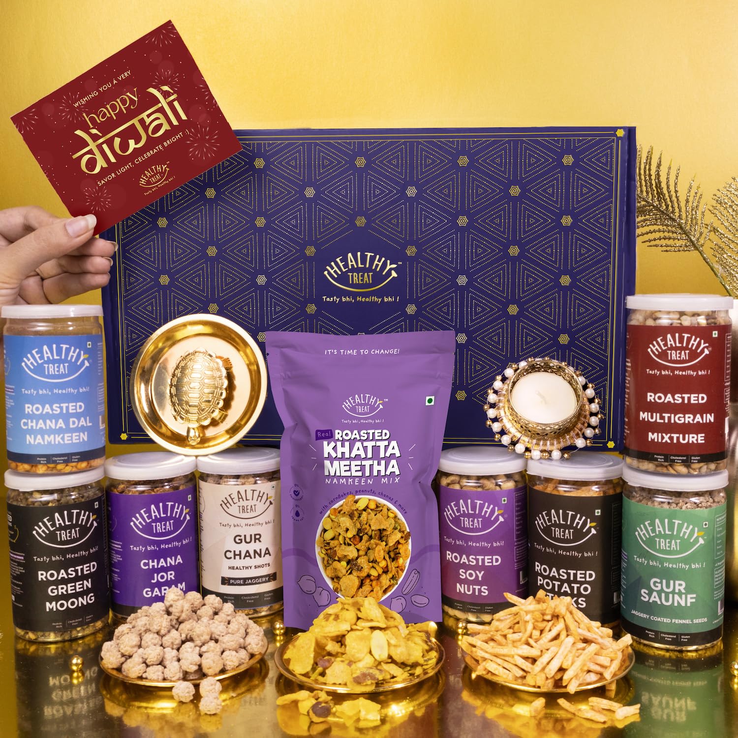 Sponsored Ad - Healthy Treat Khushiyan Diwali Gift Hamper | Roasted Snacks Gift Box with Vastu Turtle, Brass Diya & Diwali Greeting Card | Sweet and Savory Snacks Gift Box | Wholesome Corporate Gifting | Healthy Snacks Gift Hamper for Deepawali Gifting