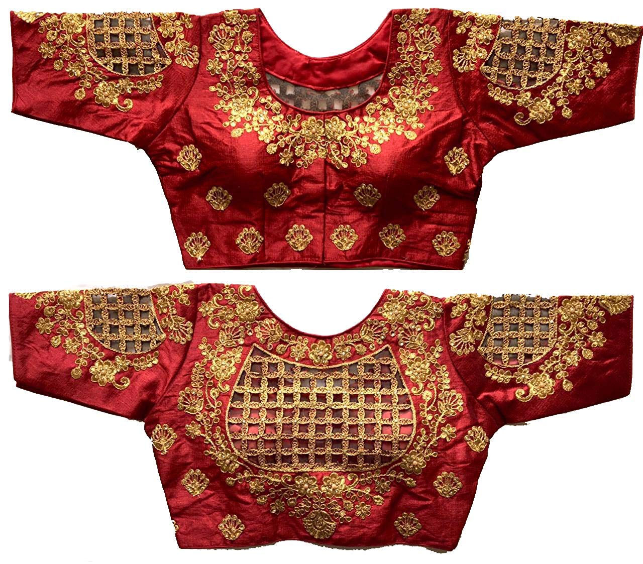 Pujia Mills Women's Silk Floral Half Sleeve Blouse (Maroon Checks Blouse38_Maroon_38)