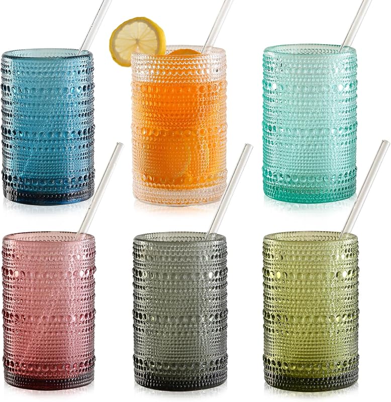 15oz Colored Hobnail Drinking Glasses Set of 6,Vintage Kitchen Glassware, Embossed Beaded Glass Cups,Water Tumbler for Cocktail,Juice and Various Mixed Drinks