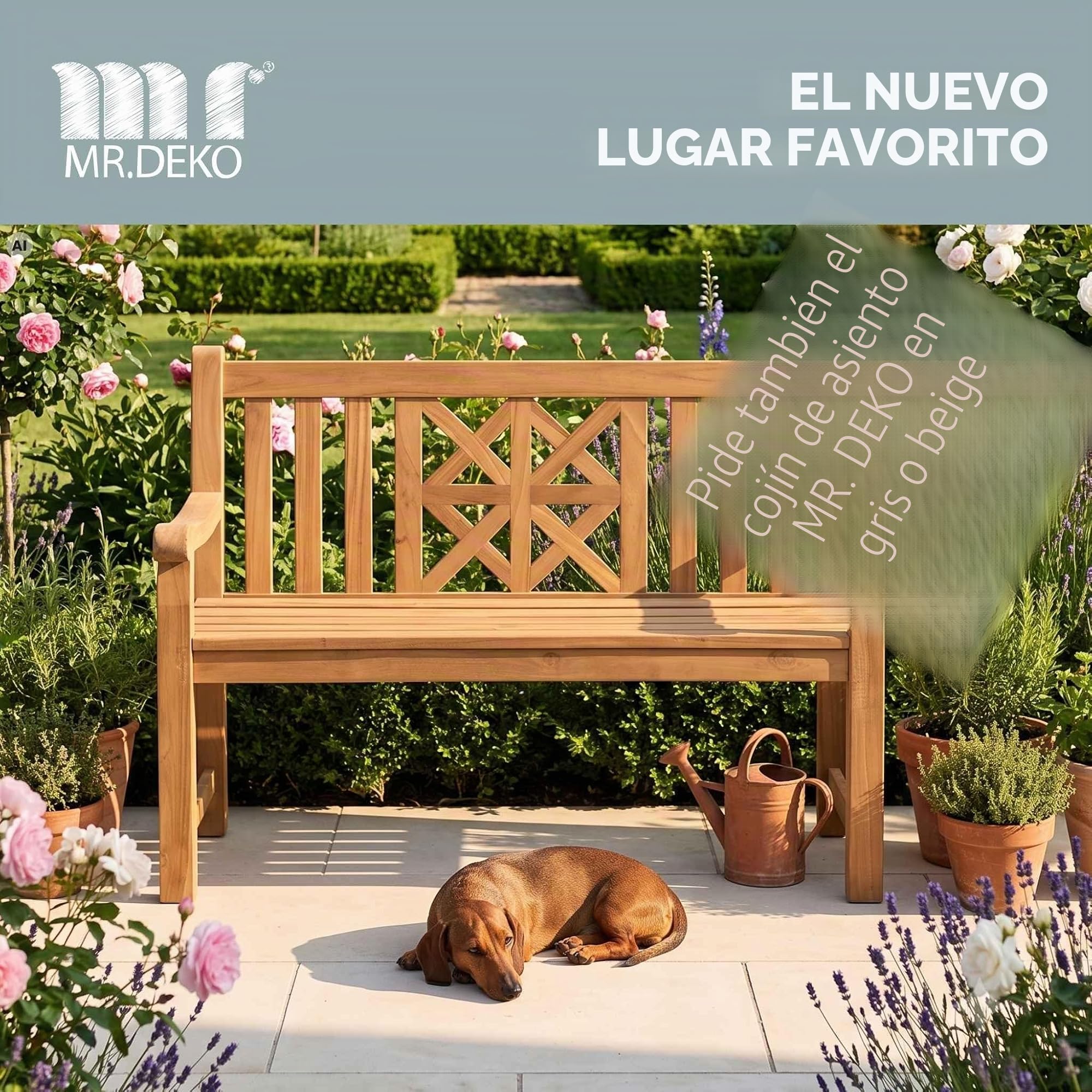 Mr. Deko - Banco/Banc de Teca para/per a jardín/jardí, Parque/PARC, mobiliario Exterior, balcón/balcó | Resistente/Resistent Madera/Fusta de Teca | Asiento/seient Decorativo rústico terraza/pati