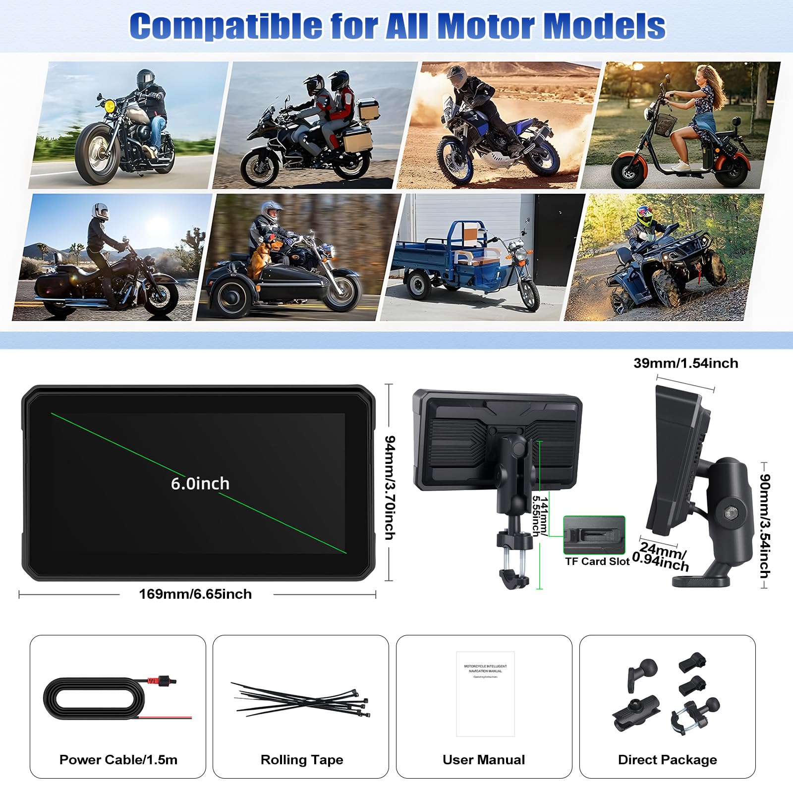 [2026] CAMECHO 6 Zoll Wireless Motorrad-Carplay Android Auto, IP68 Wasserdicht HD 1440 * 720 Touchscreen Bildschirm Navi Display für Motorräder mit Dual Bluetooth 5.0 + Airplay Android Cast