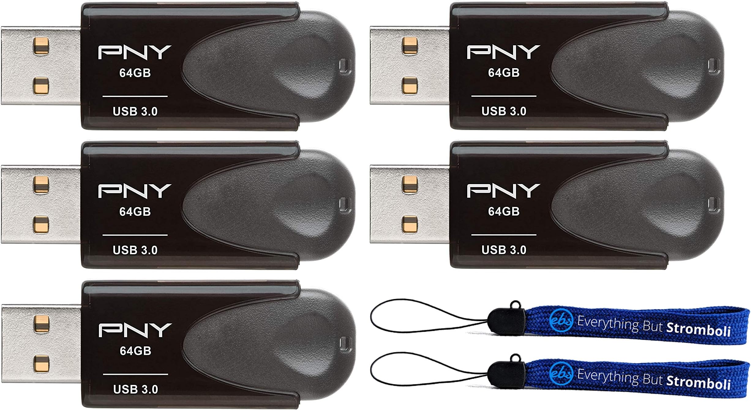 PNY 64GB Turbo Attaché 4 USB 3.0 Flash Drive (Bulk 5 Pack) High Speed 3.0 Drive Compatible with Computers and Laptops USB Type A (P-FD64GTBAT4-GE) Bundle with (2) Everything But Stromboli Lanyards