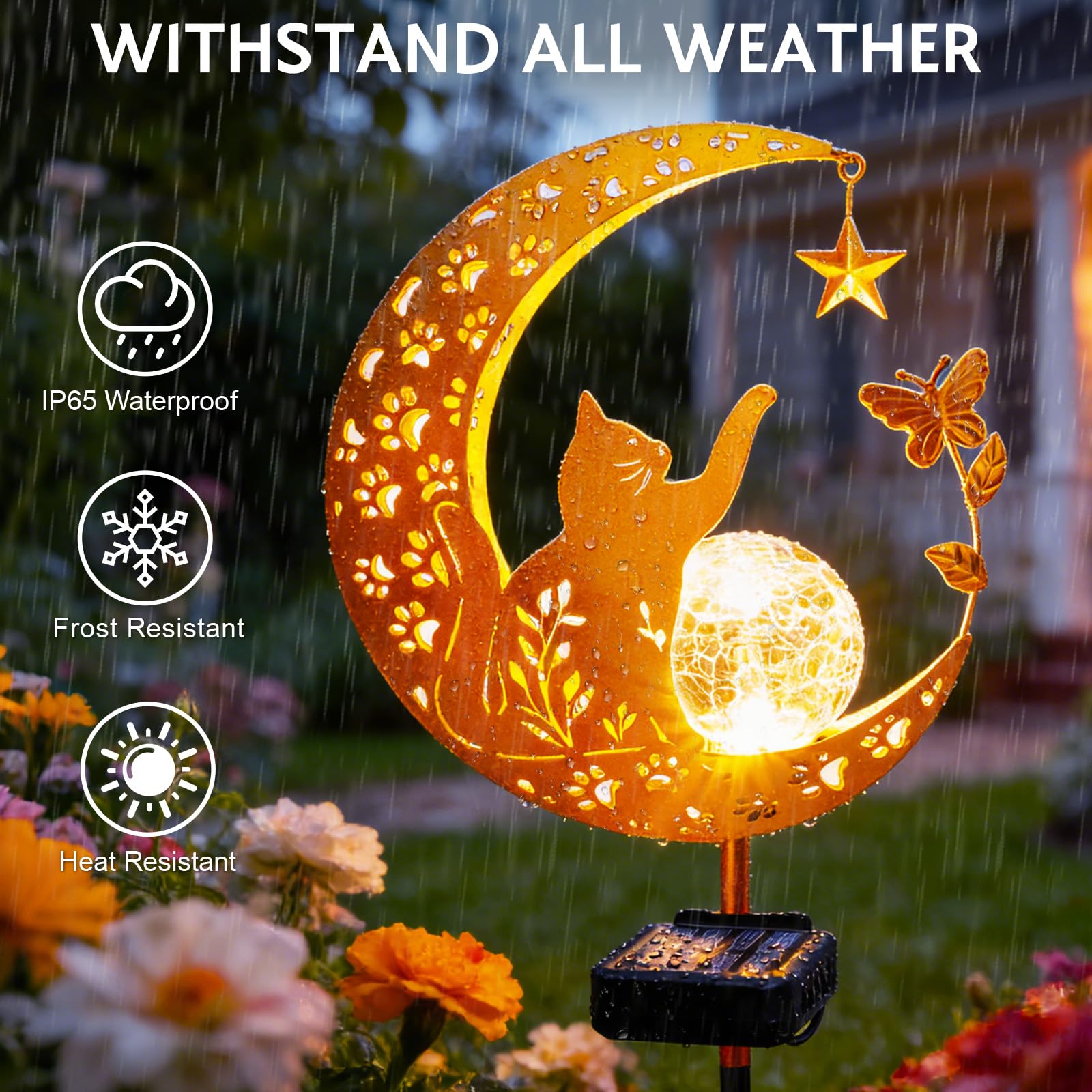 Solarleuchten Outdoor Dekorative Mond Katze Solar Pfahl Lichter Gartenarbeit Geschenke für Frauen Garten Ornamente Wasserdicht für Gehweg, Hof, Rasen, Terrasse