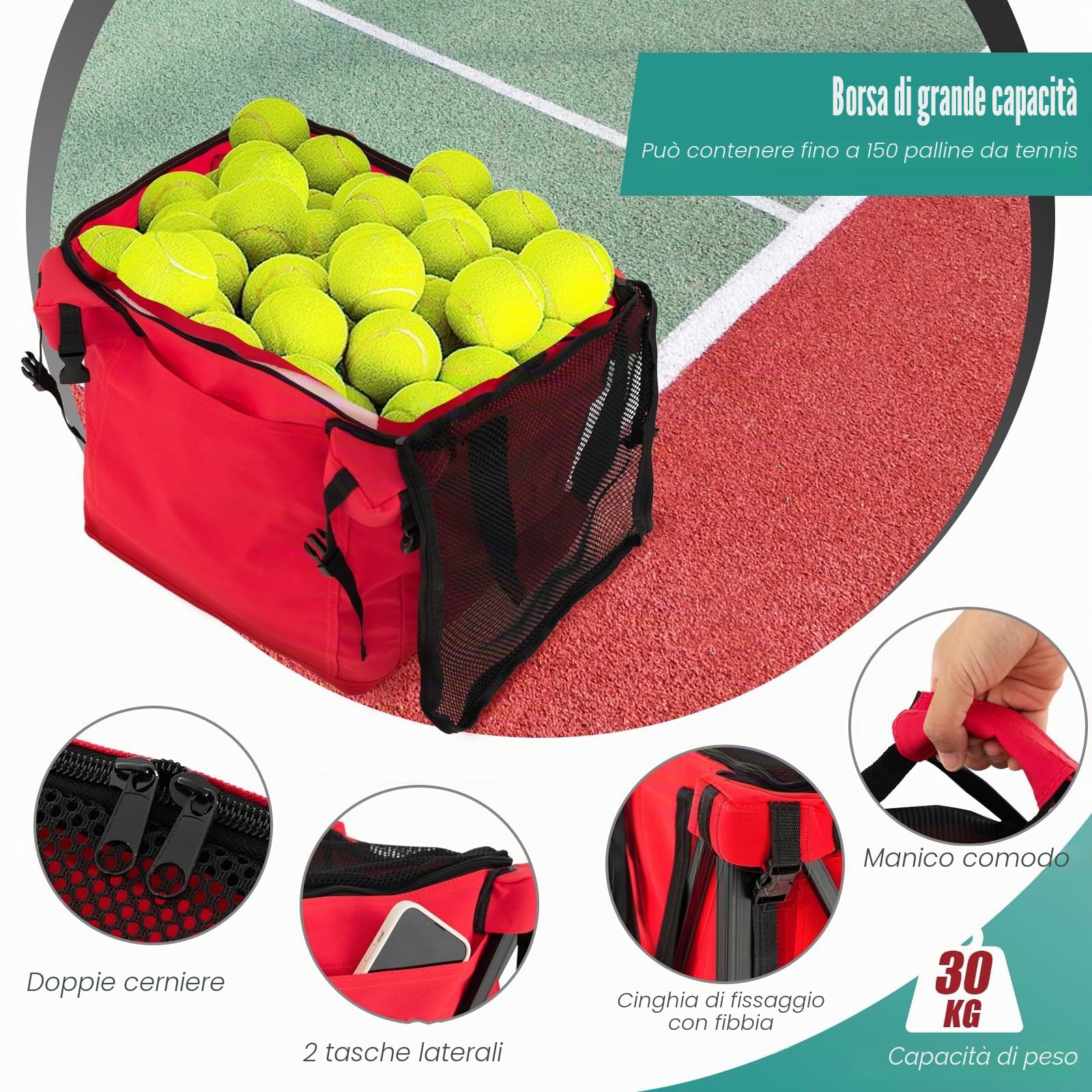 LIFEZEAL Carrello per Palline Tennis, Cestino Rimovibile da Tennis con Ruote Frenate, Max 150 Palline, Cesto Pieghevole con Borsa da Trasporto, Contenitori per Campo da Tennis e Parco Giochi