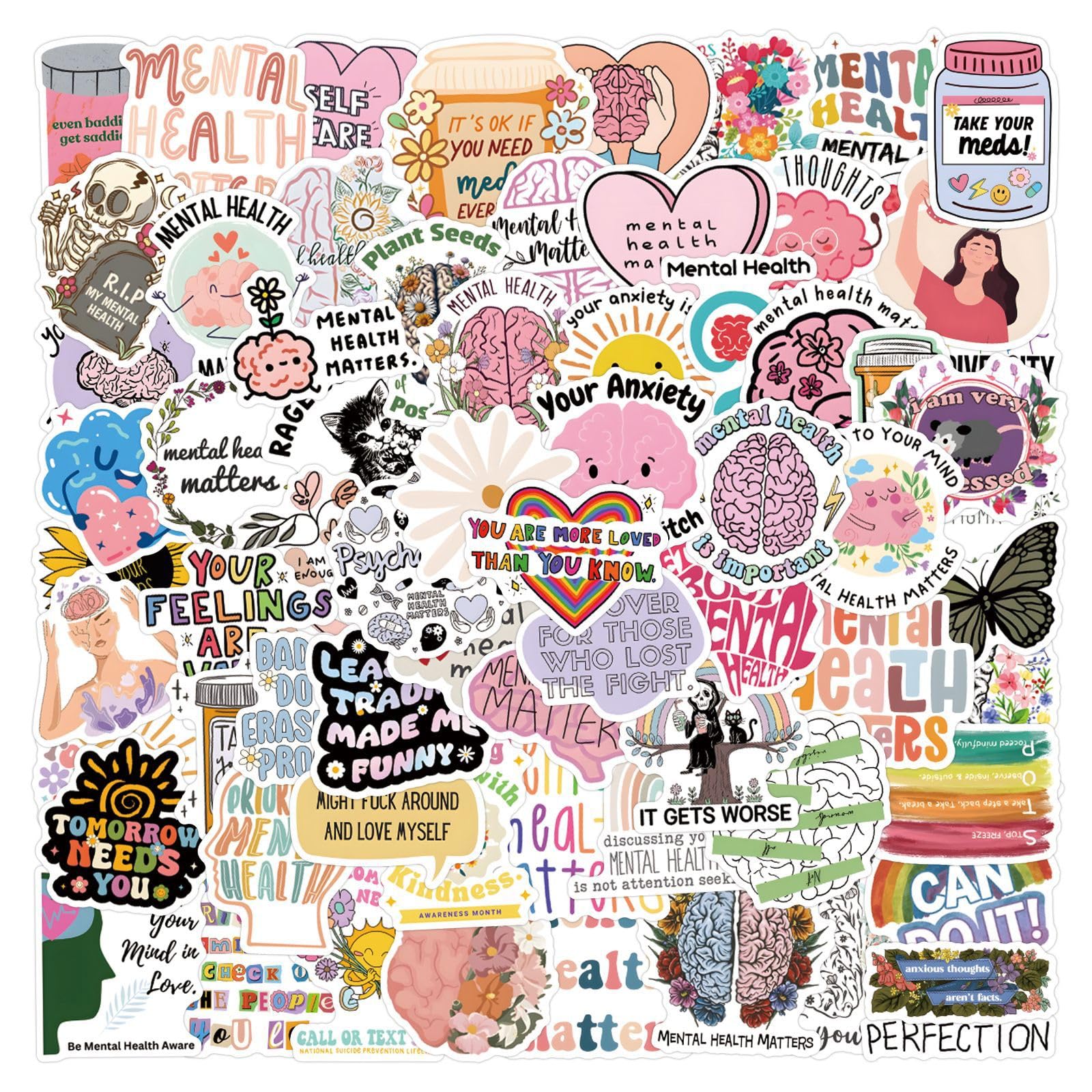 100 Pcs Mental Health Stickers Laptop Car Scrapbook Phone Skateboard Suitcase Luggage Bike Mental Health Vinyl Waterproof Aesthetic Personalised Stickers for Teens Boys Girls Adults - Image 2