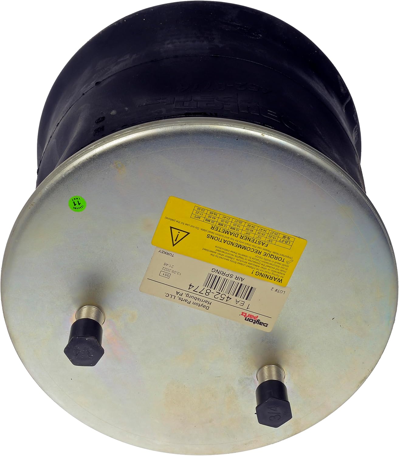 Dayton Parts 452-8774L Air Spring, Rolling Lobe, Composite Piston, 12.99" Static Height, 11.25" Top Plate, 10.16" Piston, Two Stud Top Plate, One Hole Piston