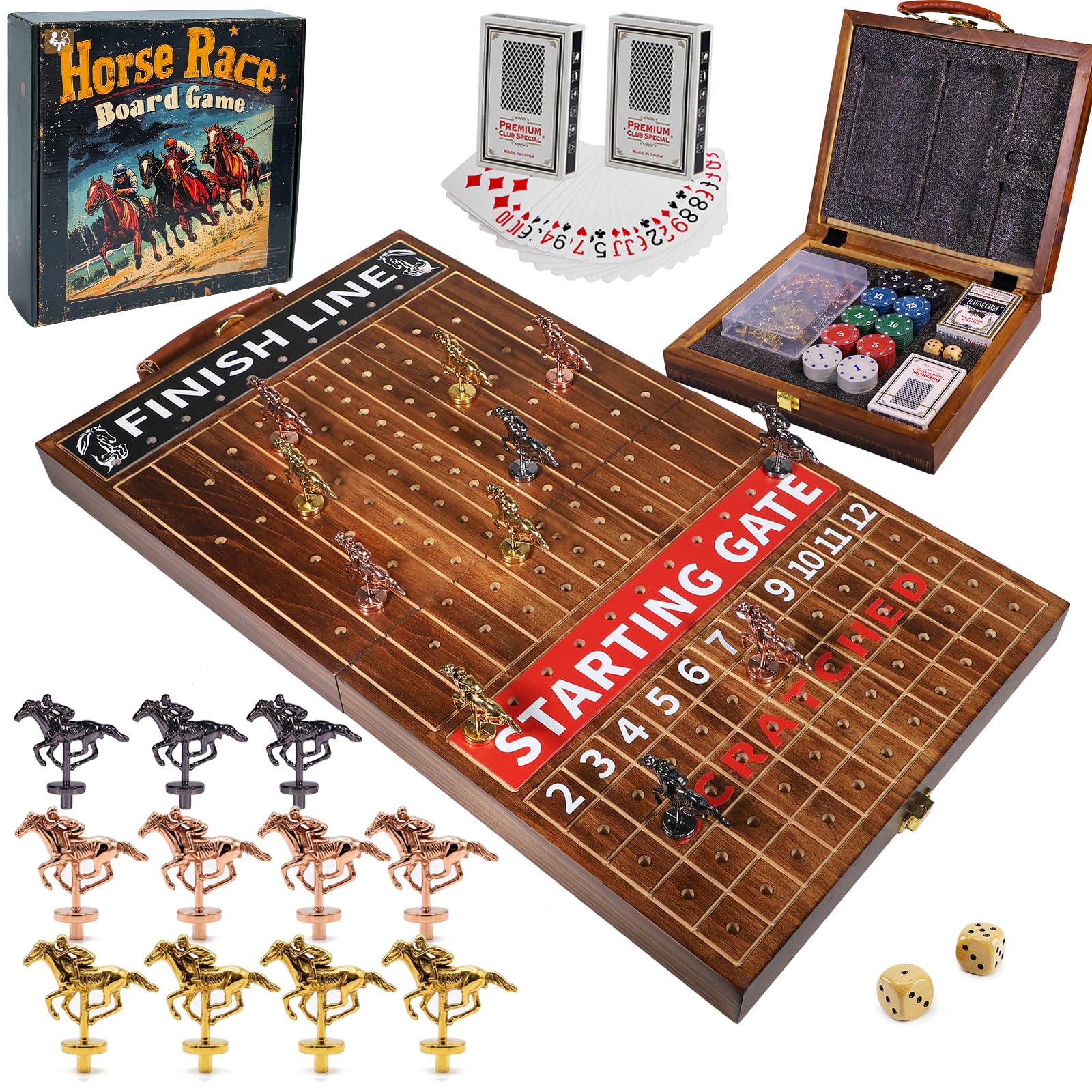 Grhonior Horse Race Board Game Foldable Solid Wood Horse Racing Game | With 11 Luxury Metal Horses, Cards and Dice for Adults, Finish Line Family Party Game with 2 Dice & 100 Chips (Flame)