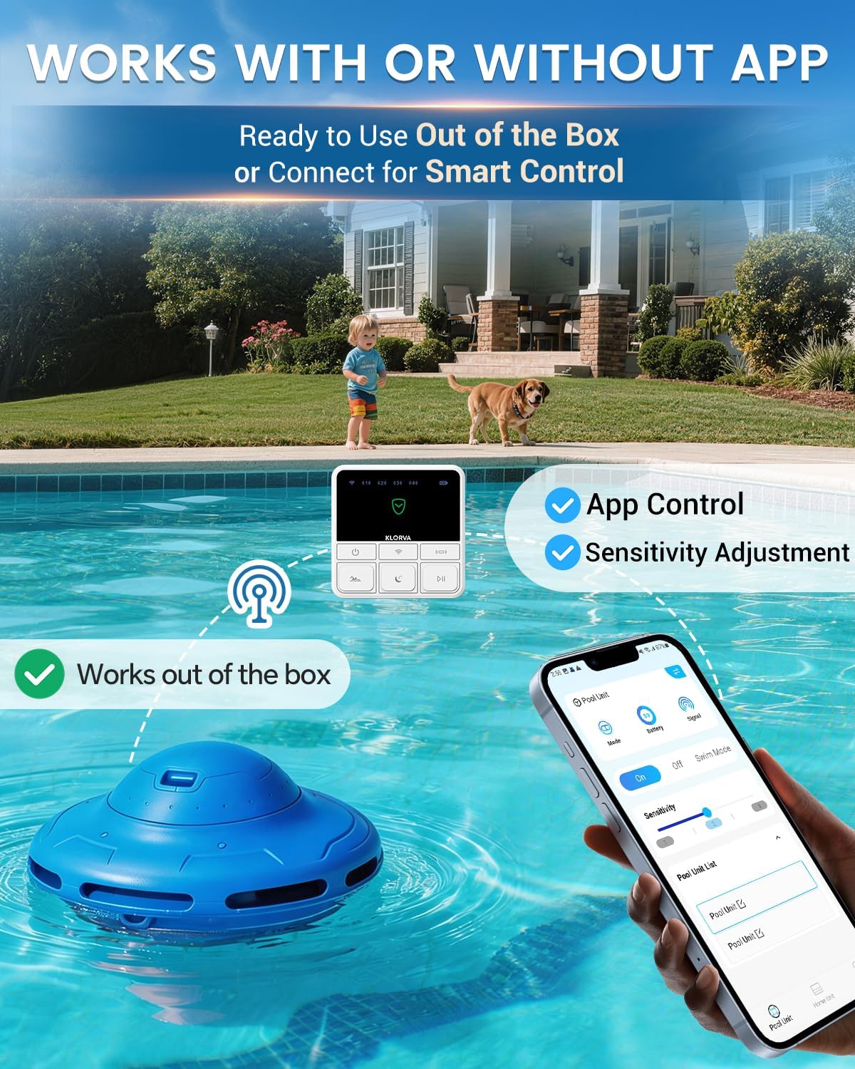 Smart Pool Alarm with App for Inground & Above Ground Pools, Adjustable Sensitivity Water Detection Alarm up to 20x40ft, 85dB+ Safety Alerts for Kids, Pets & Accidental Entry(Blue)