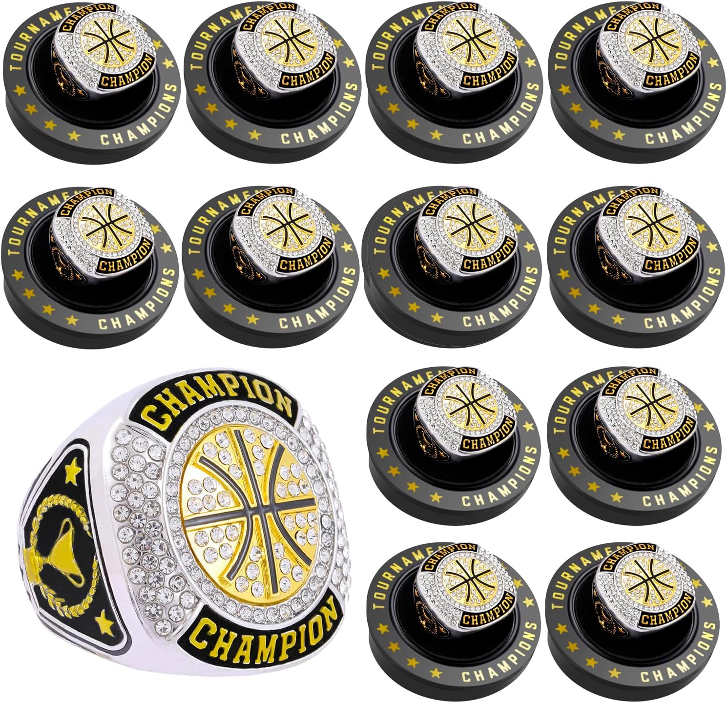 12 Pcs Basketball Championship Rings Basketball Ring Sport Ball Trophy Award Gift with Display Neck Chain and Stand for Tournament or League Champion Winner