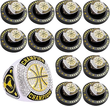 12 Pcs Basketball Championship Rings Basketball Ring Sport Ball Trophy Award Gift with Display Neck Chain and Stand for Tournament or League Champion Winner