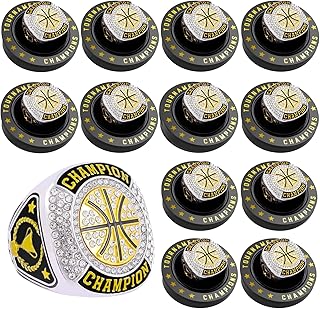 12 Pcs Basketball Championship Rings Basketball Ring Sport Ball Trophy Award Gift with Display Neck Chain and Stand for Tournament or League Champion Winner