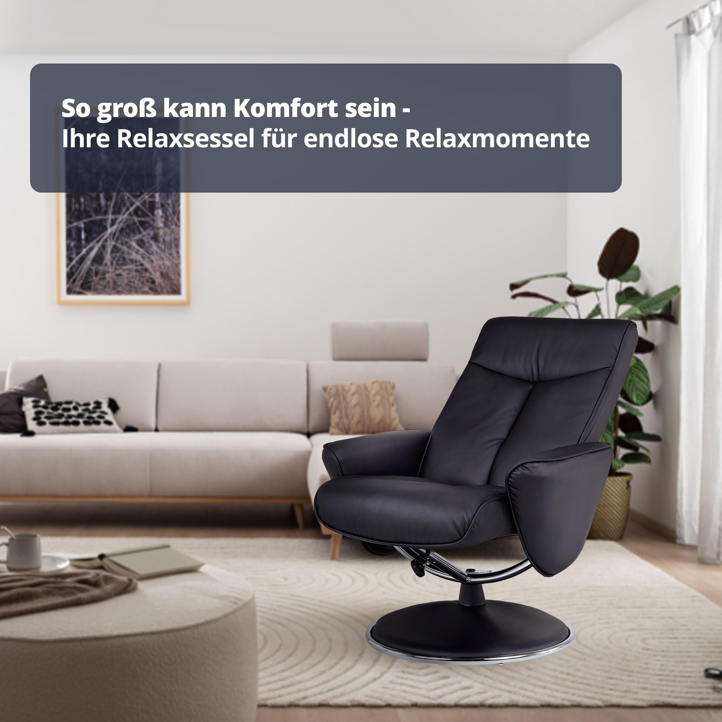 KHG Relaxsessel Schwarz Kunstleder mit Fußablage Relaxfunktion 82x104,5x110cm Sitzhöhe 46cm Sitzbreite 53,5cm