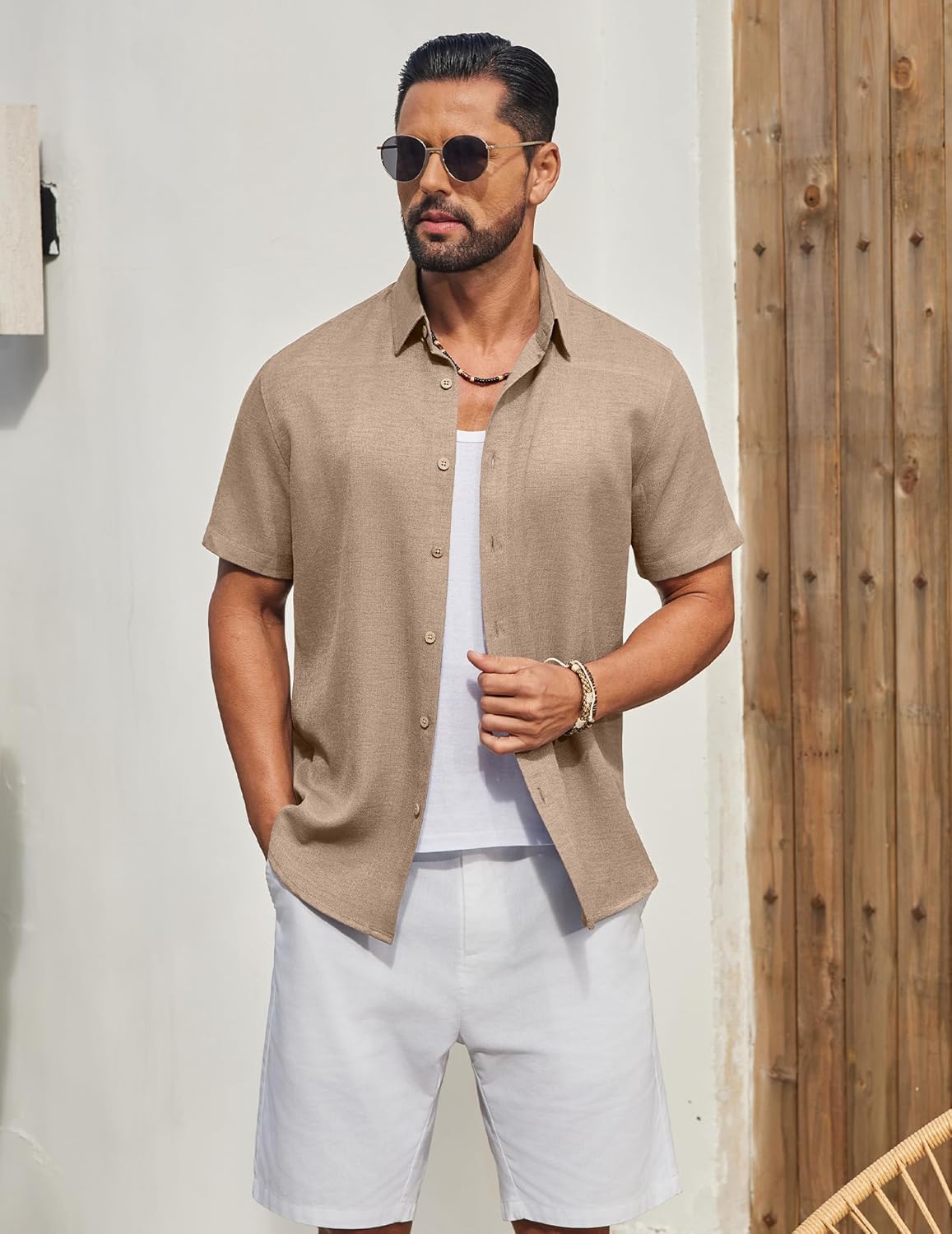 COOFANDY Mens Button Down Shirt Short Sleeve Casual Shirts Linen Textured Summer Beach Shirts - Image 3
