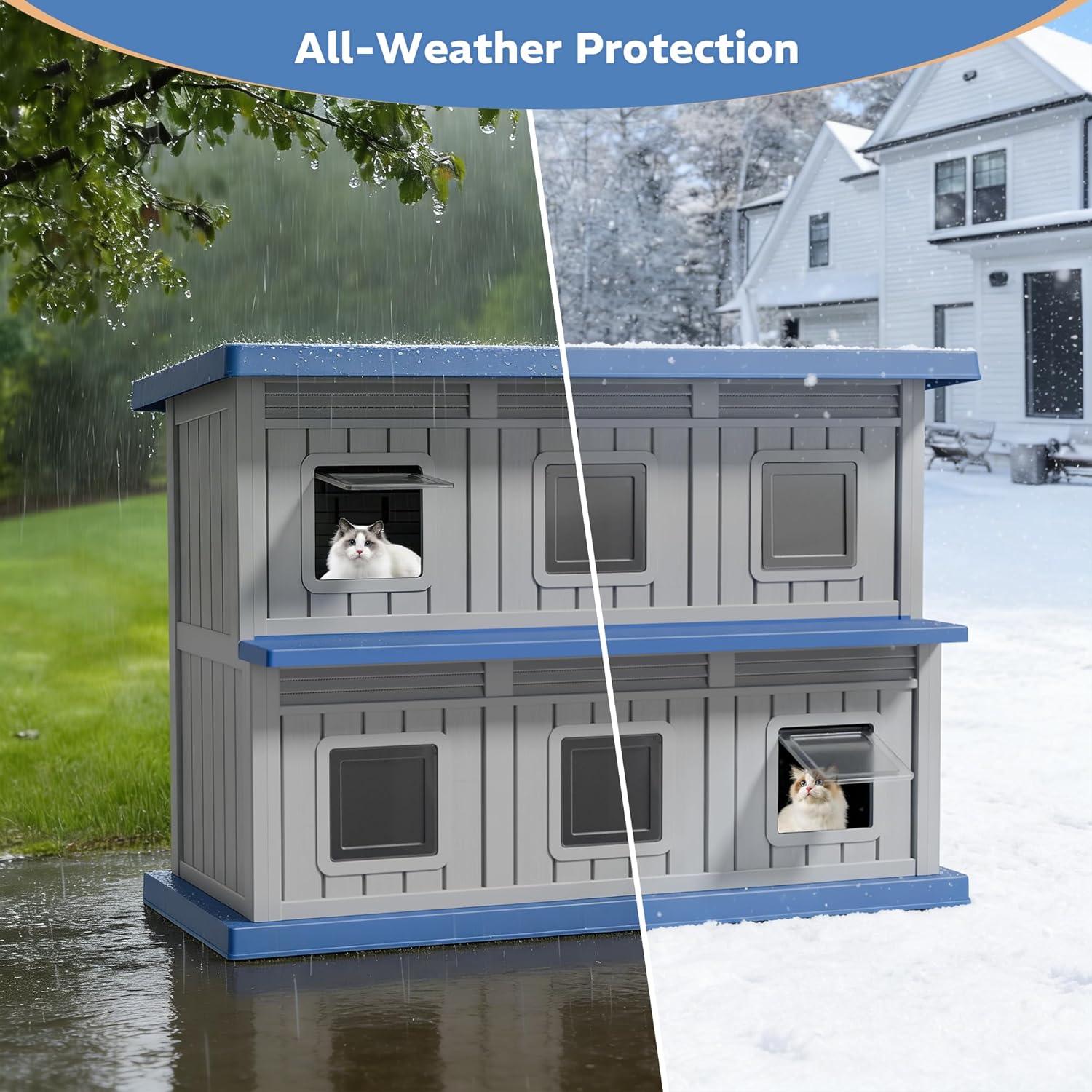 Outdoor Cat House Weatherproof for Feral Cats, Double-Decker Large Feral Cat Shelter with 6 Entrances, Kitty House Outdoor with Insulated Thick Panels, Easy-Clean Design