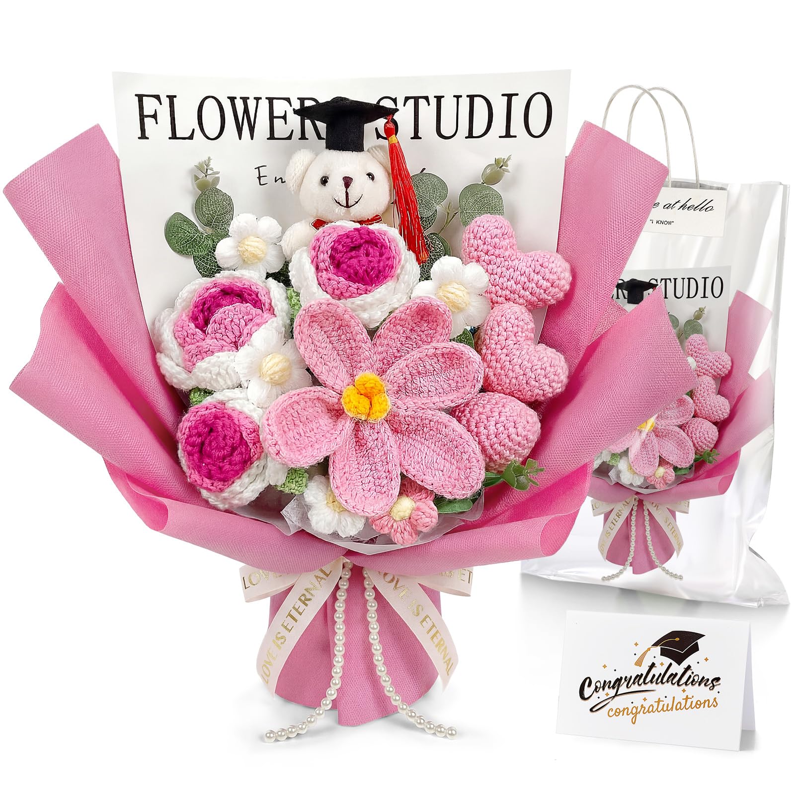 Photo 1 of Giegxin 2026 Graduation Bear Flower Bouquet Set Pink Crochet Graduation Bouquet Gift Knitted Rose Flower Mini Plush Bear Greeting Card Gift Bag for Teacher Appreciation Grad Party Favors Supplies