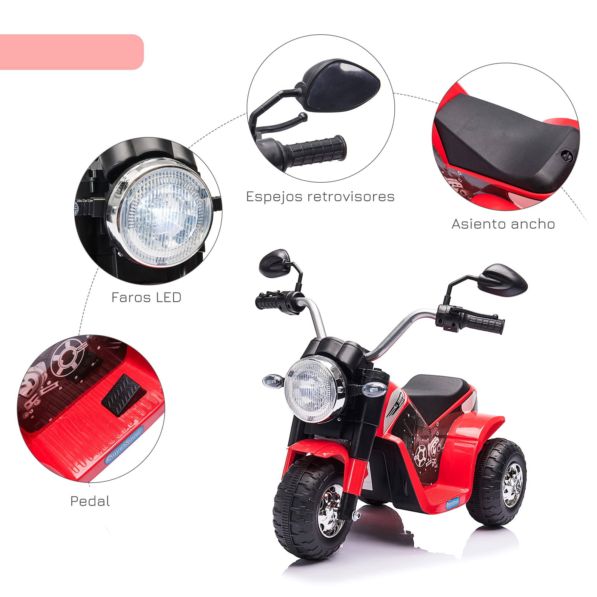 HOMCOM Moto Eléctrica Infantil con 3 Ruedas Triciclo 18-36 Meses Rojo | Triciclo a Batería 6V, con Faro, Bocina, 72x57x56 cm