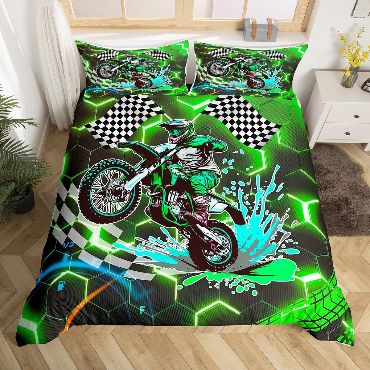 Homewish Green Honeycomb Dirt Bike Single Size Duvet Cover for Kids Boys Teens Men, Neon Geometric Hexagonal Bedding Set 2Pcs, Extreme Sports Theme Bed Sets Racing Motocross Rider Quilt Cover Set โ image 1