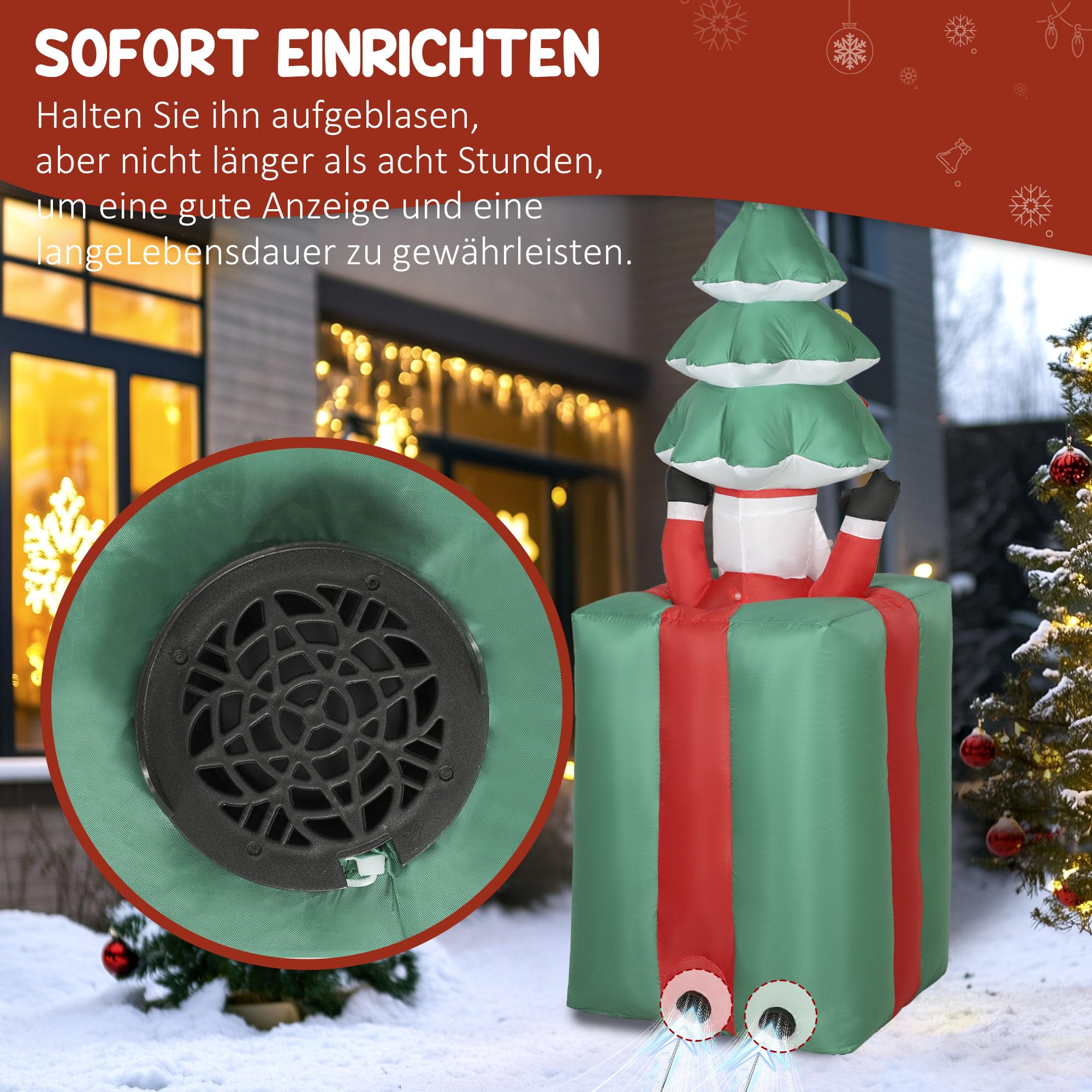 Outsunny 160-213 cm Aufblasbarer Weihnachtsdekoration mit LED-Lichtern | Beweglicher Weihnachtsmann aus Geschenkbox, mit Weihnachtsbaum, Weihnachtsdeko, für Rasen Hof und Garten