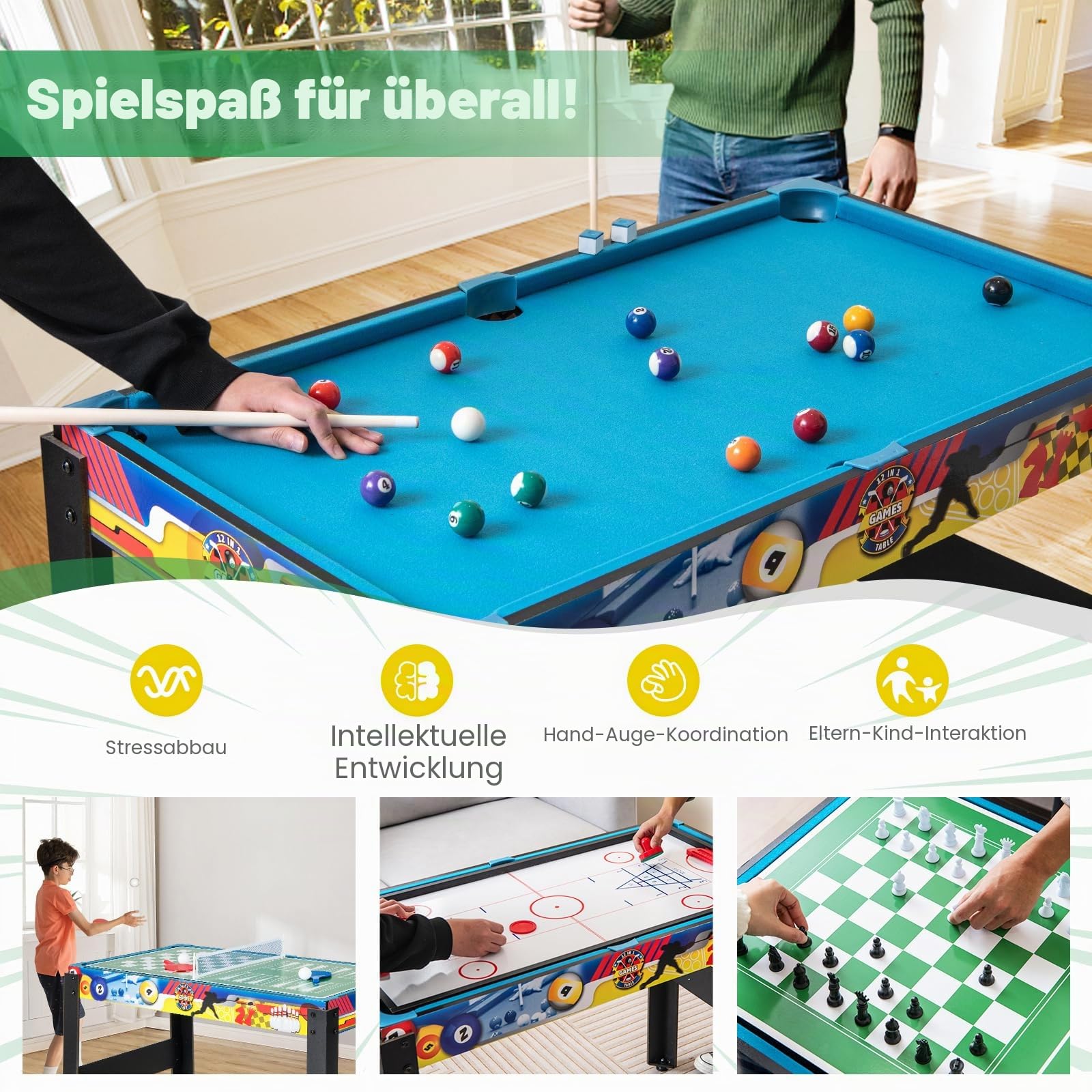 HOMASIS 12 in 1 Spieltisch inkl. Zubehör, Multi Tischspiel Set mit Tischfußball, Airhockey, Billard, Tischtennis, Schach, Bowling, Shuffleboard, Multigame Multifunktionstisch für Kinder & Erwachsene