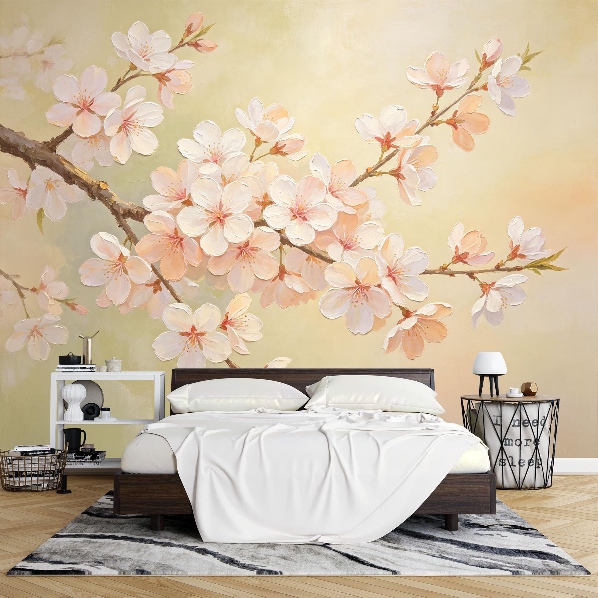 Papier Peint Intissé Fresque Murale Vintage À Motif Fleurs Pêcher 400 x 280 cm Style Peinture À L'Huile Décoration Florale Printanière Moderne pour Salon et Chambre.