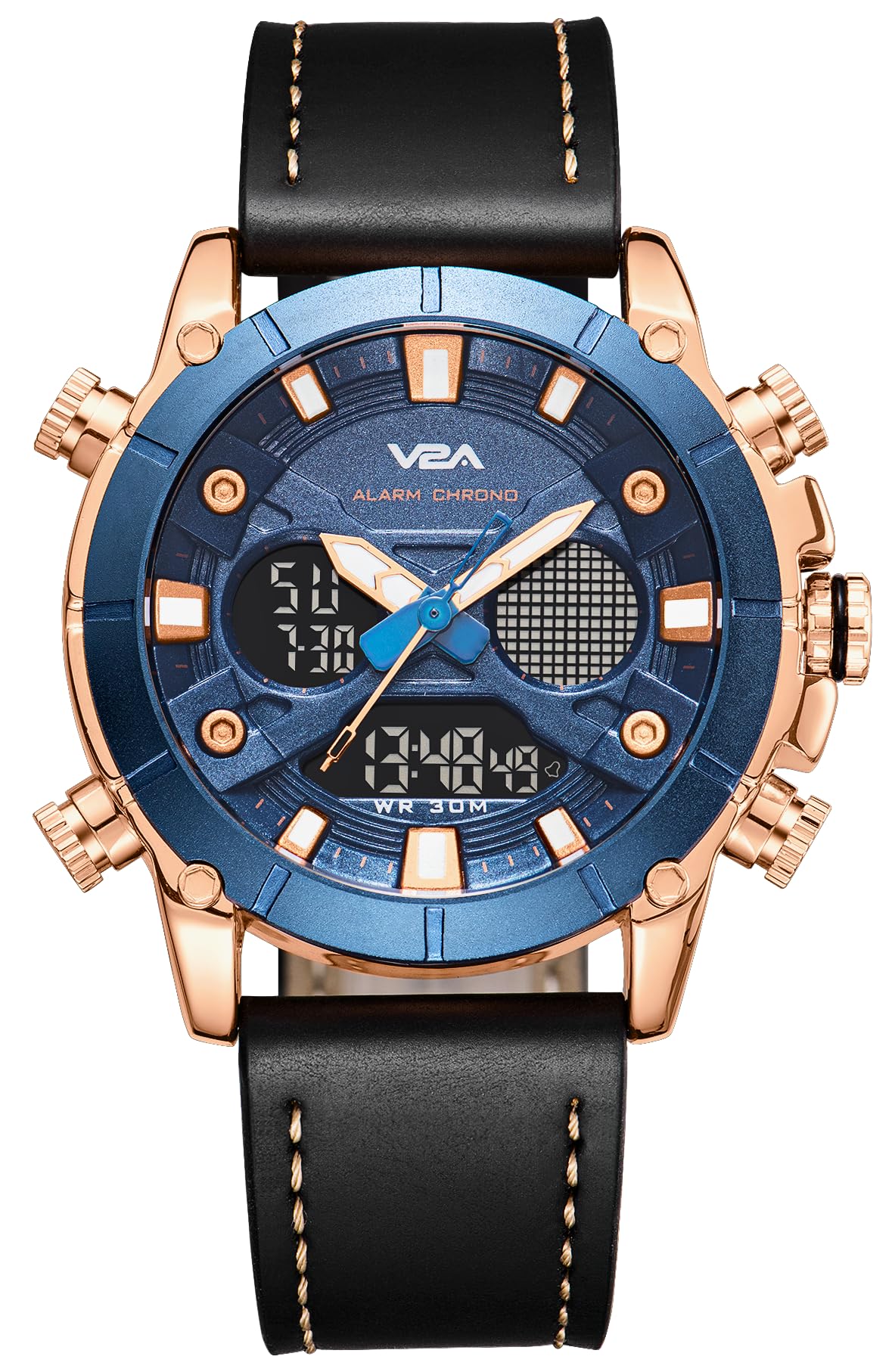 V2A Ultra Blue Gold Alloy Case Genuine Leather Band Analog Digital Fashion Watch for Men Latest Men’s Watch | Gifts for Men | Gift for Brother | Gift for Husband | Birthday Gifts (B0CJ73SJY6) Amazon Price History, Amazon Price Tracker