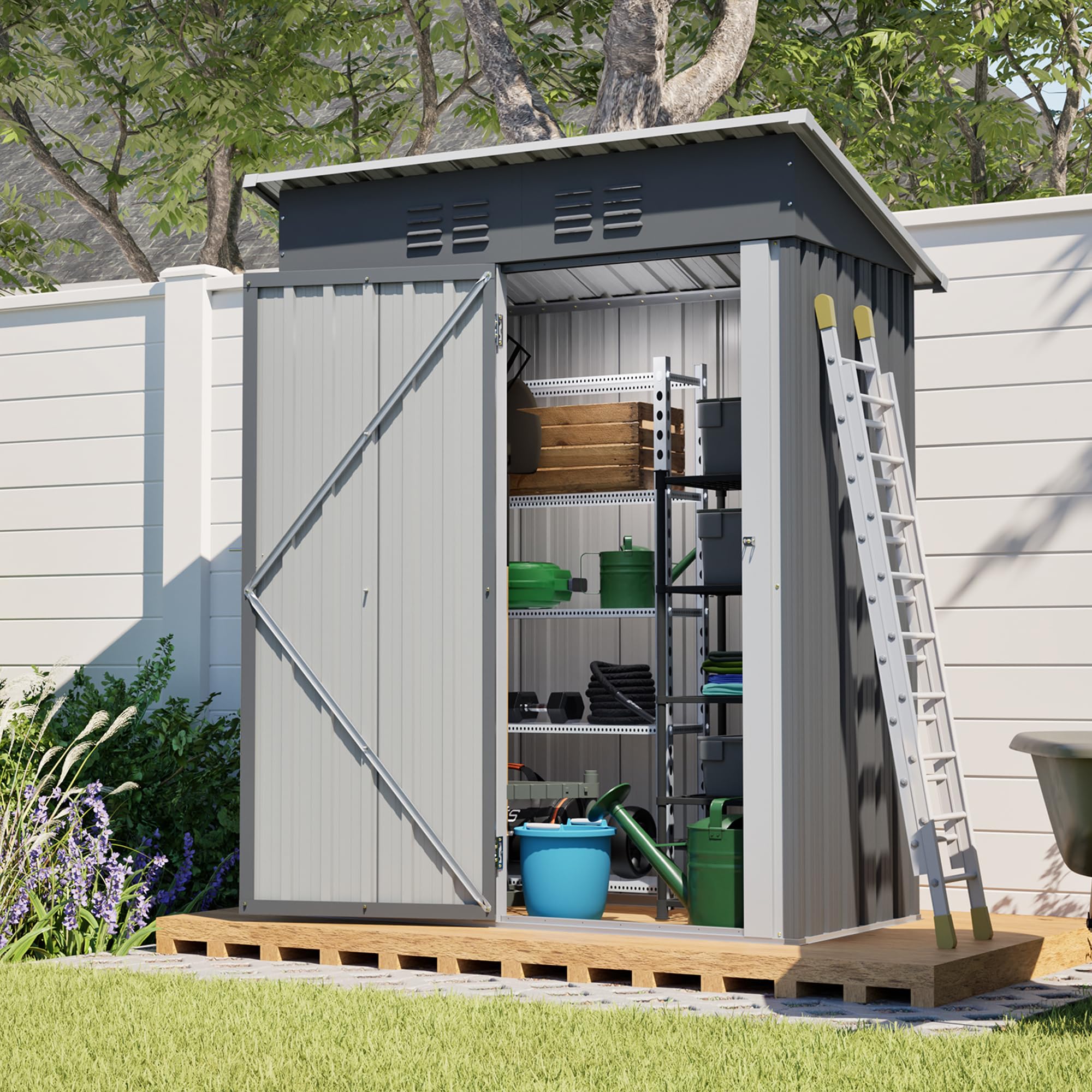 Grey Metal Shed 140x72cm Storage Unit Single Lock Door Bike Bin Tool Store